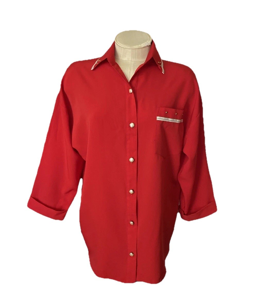 Seville VTG 80s Wom 10 Red Satin Blouse Beaded w/Trims 3/4 Cuff Sleeves GORGEOUS