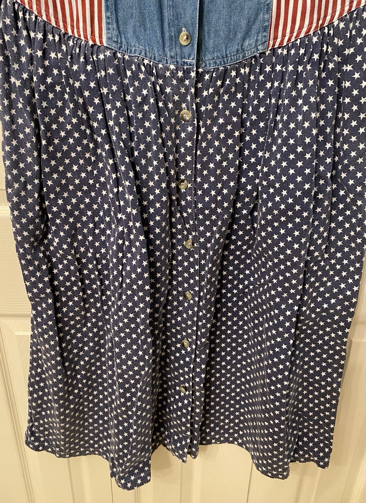 Vintage 90’s Americana Denim Dress Cottage core Medium Flag Quizz USA