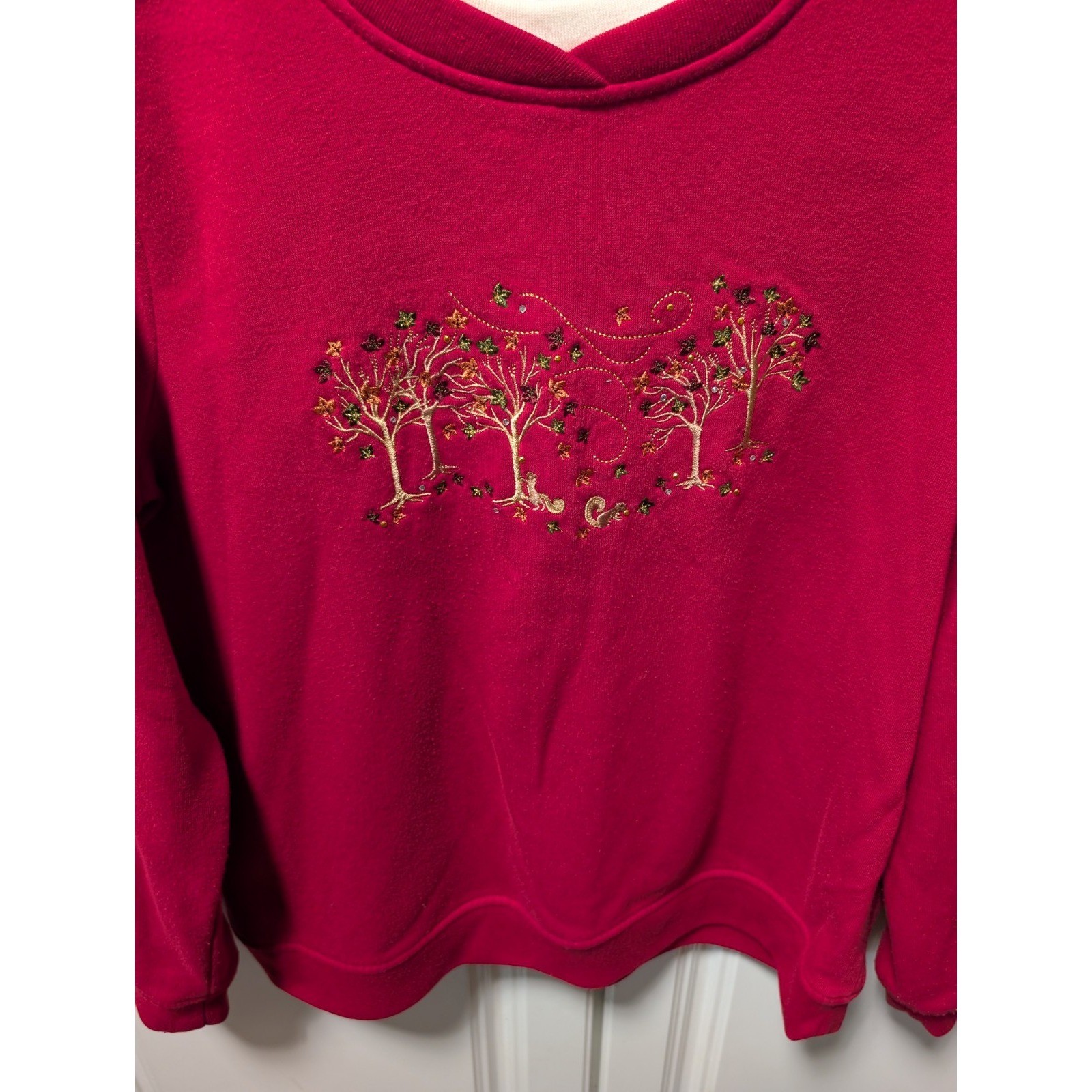 VTG Studio Works Womens Petite LG Red Fall Crew Neck Pullover Embroidery Leaves