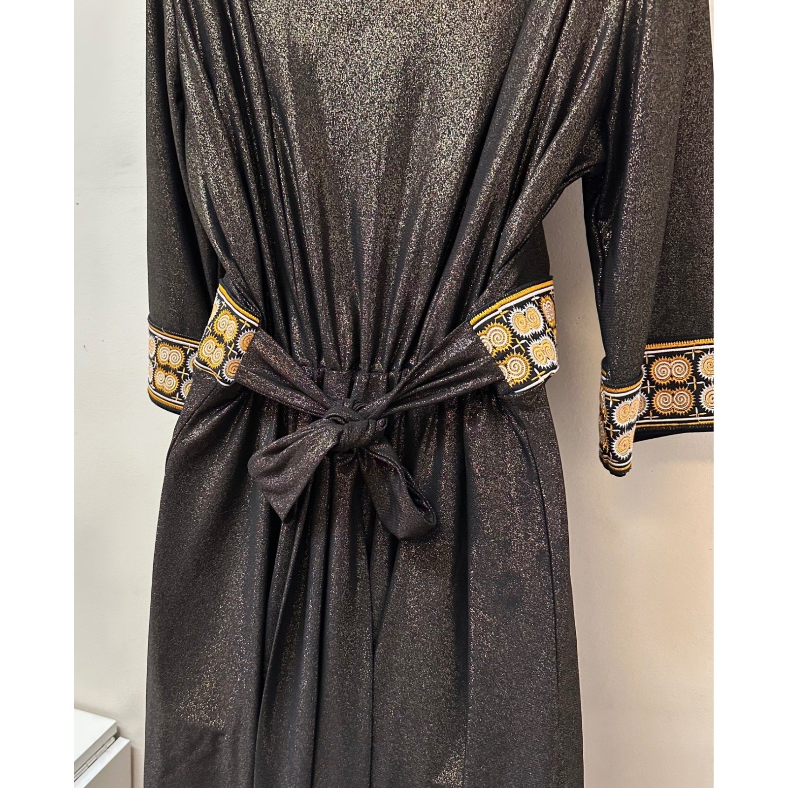 Vintage 90s Black Metallic Gold Embroidered Trim Fit Flare Tie Back Dress L