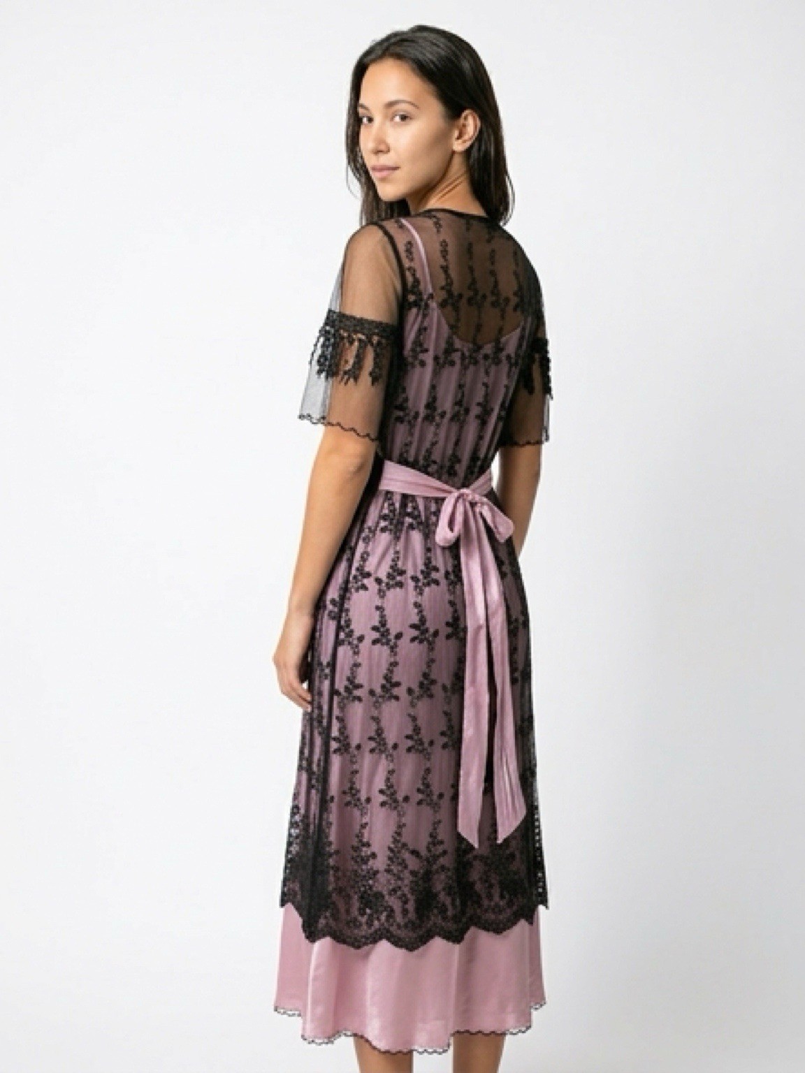 Belle Poque Women 1900s Edwardian Titanic Tea Party Dress L Lilac/Black Lace