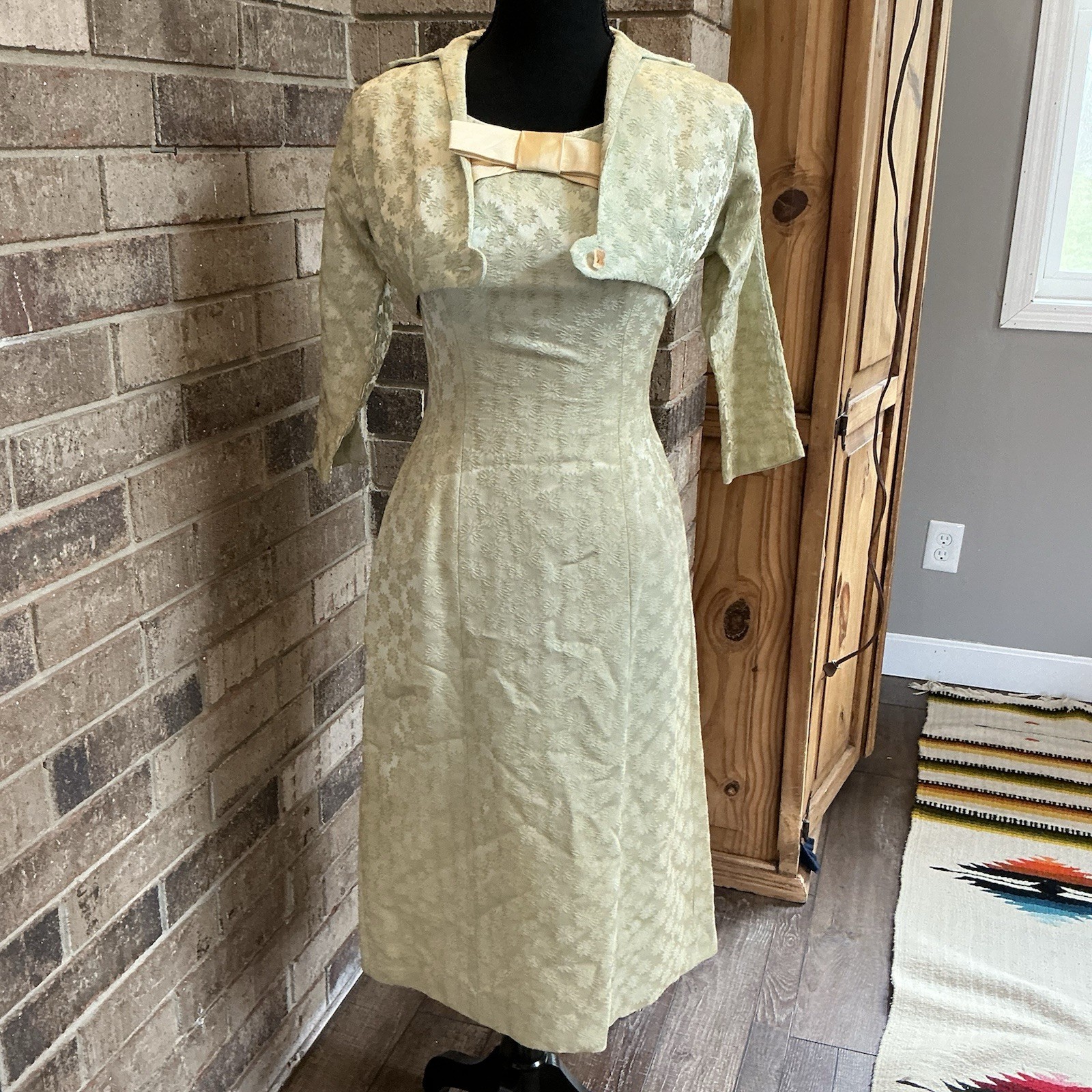 60s VTG Jr Theme NY Brocade Dress Bolero Set Sz 9 Sage Green Bow Cocktail #25C5