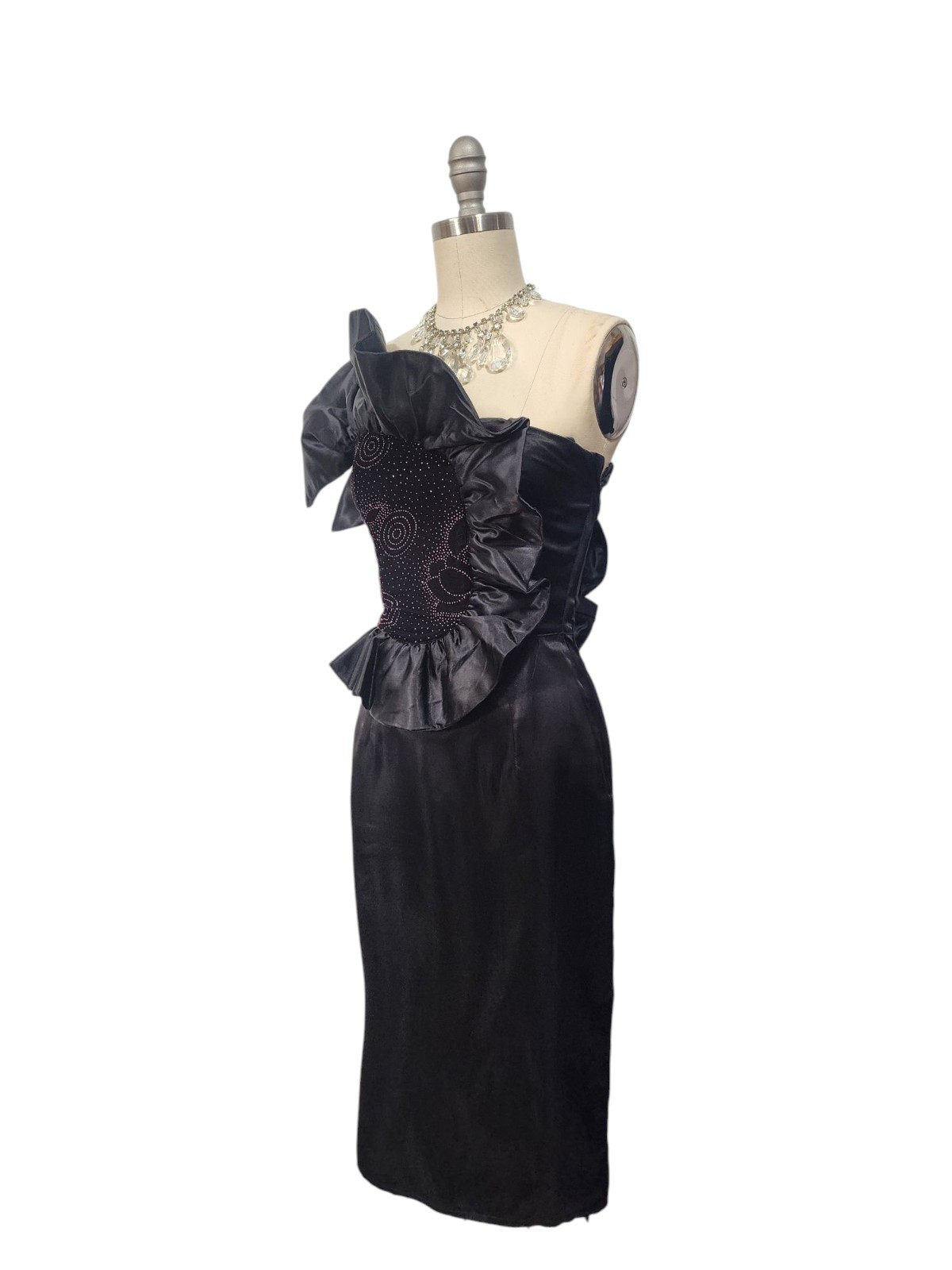 Vtg 80s Prom Dress XS 5 Gunne Sax Black Satin Short Avant Garde Origami Ruffle