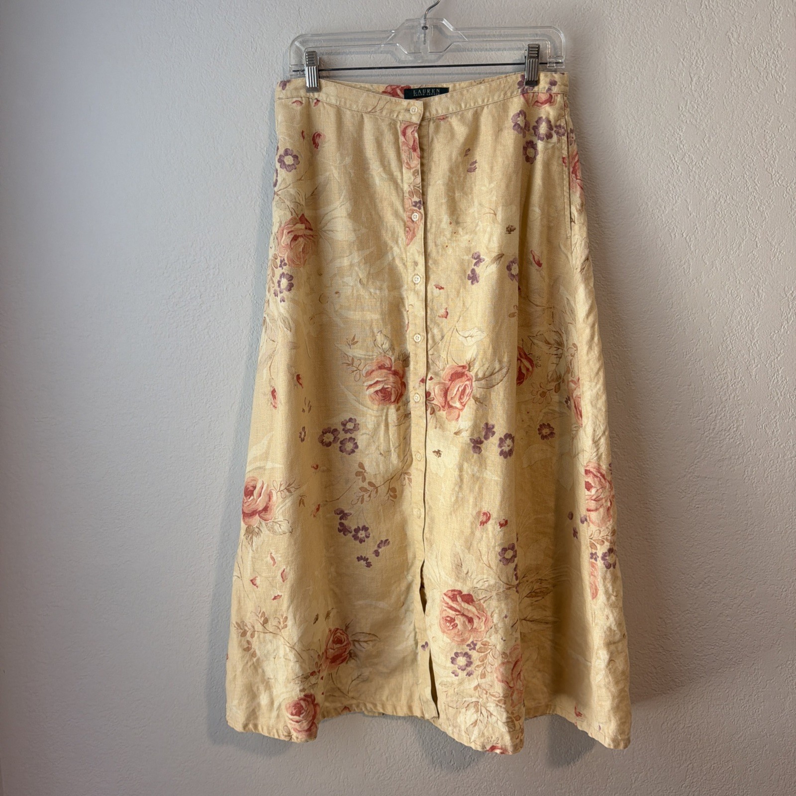 Vintage Lauren Ralph Lauren 100% Linen Floral Button Front A-Line Skirt Sz 6