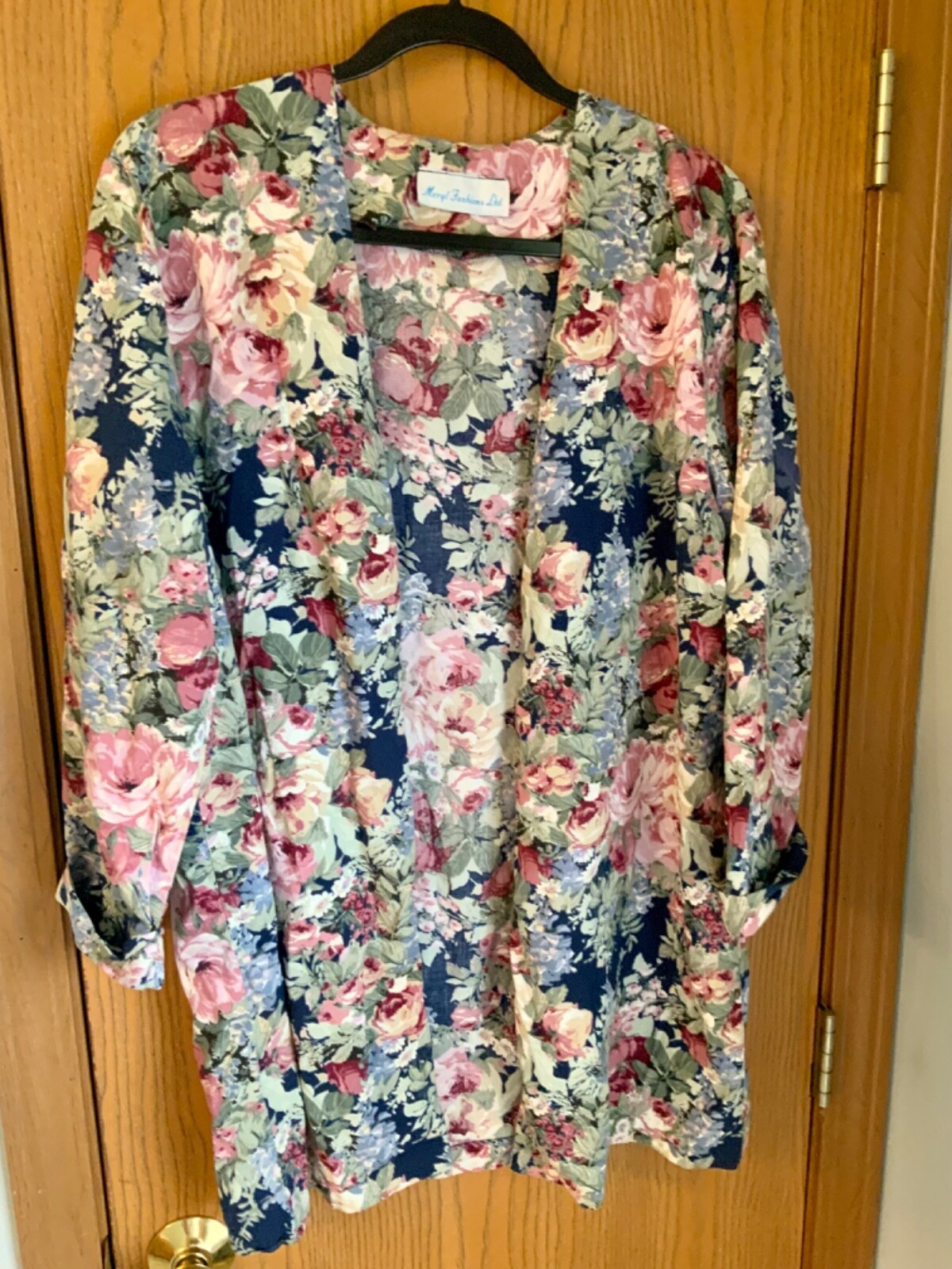 VINTAGE MERYL FASHIONS LTD FLORAL OPEN FRONT CUFFED 3/4 SLEEVE BLAZER JACKET 10
