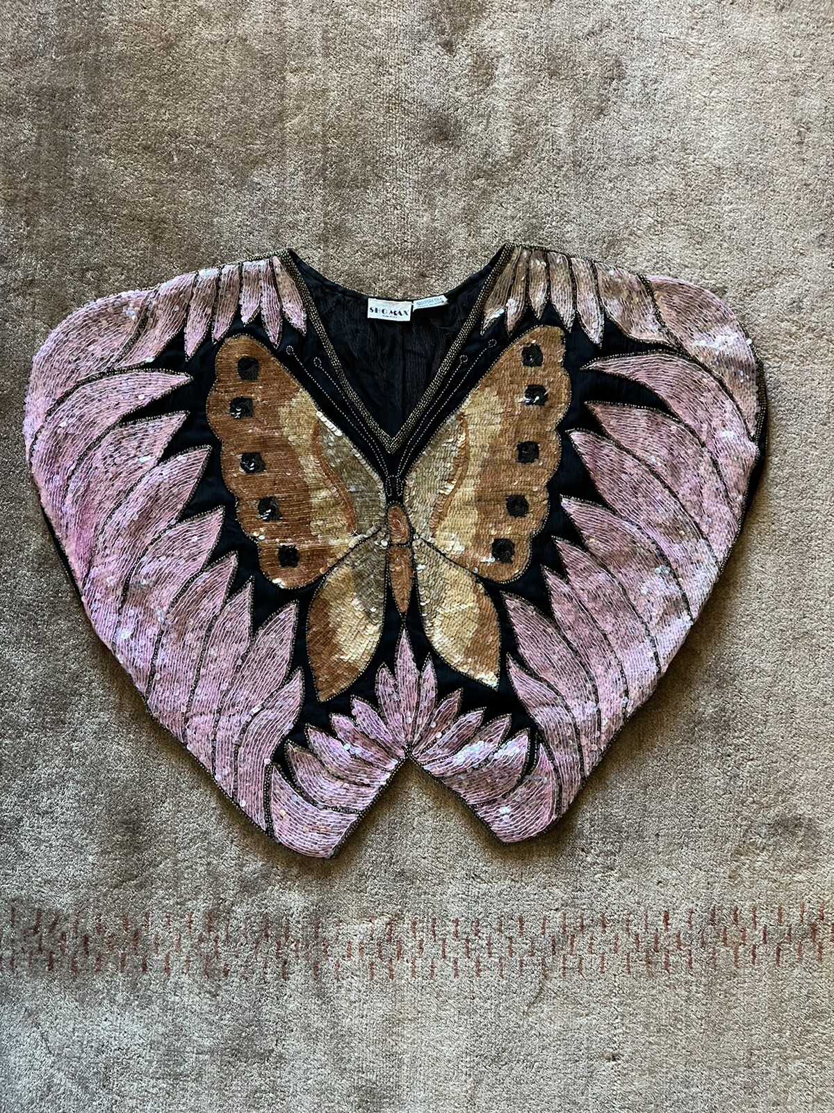 Vintage Sho Max Silk Short Sleeve Sequined Beaded Blouse Top Butterfly M/L?