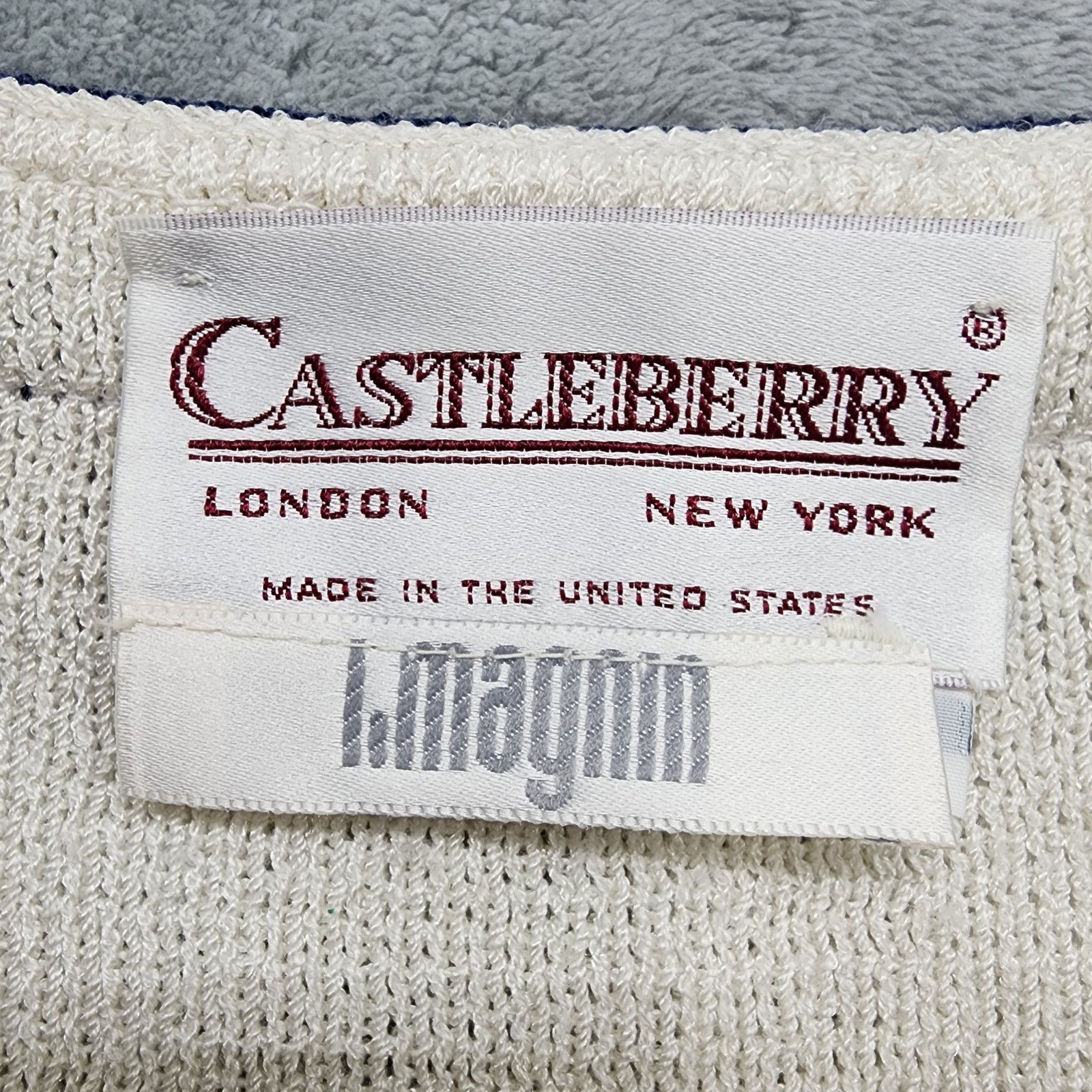 Vintage Castleberry I.Magnin Sweater Womens 16 Cream Blue V-Neck Short Sleeve