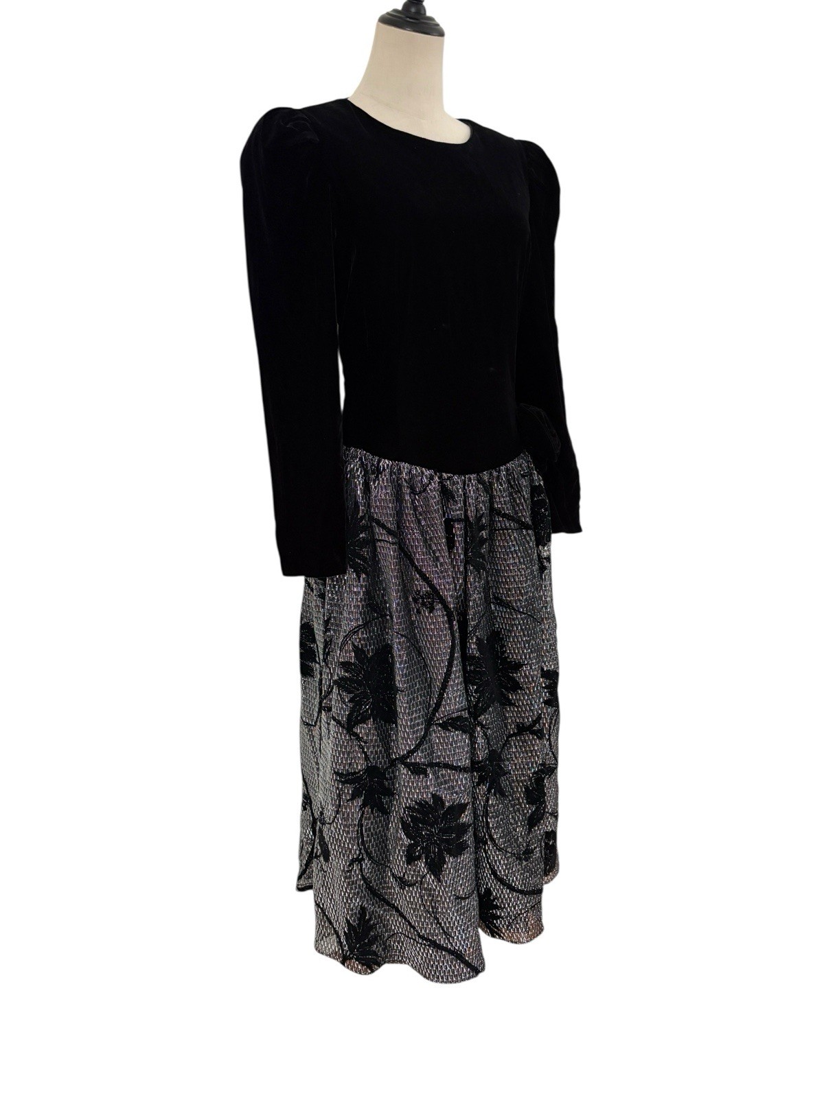 Vtg Cachet By Bari Protas Black Velvet & Metallic Silver Floral Skirt Dress Sz M