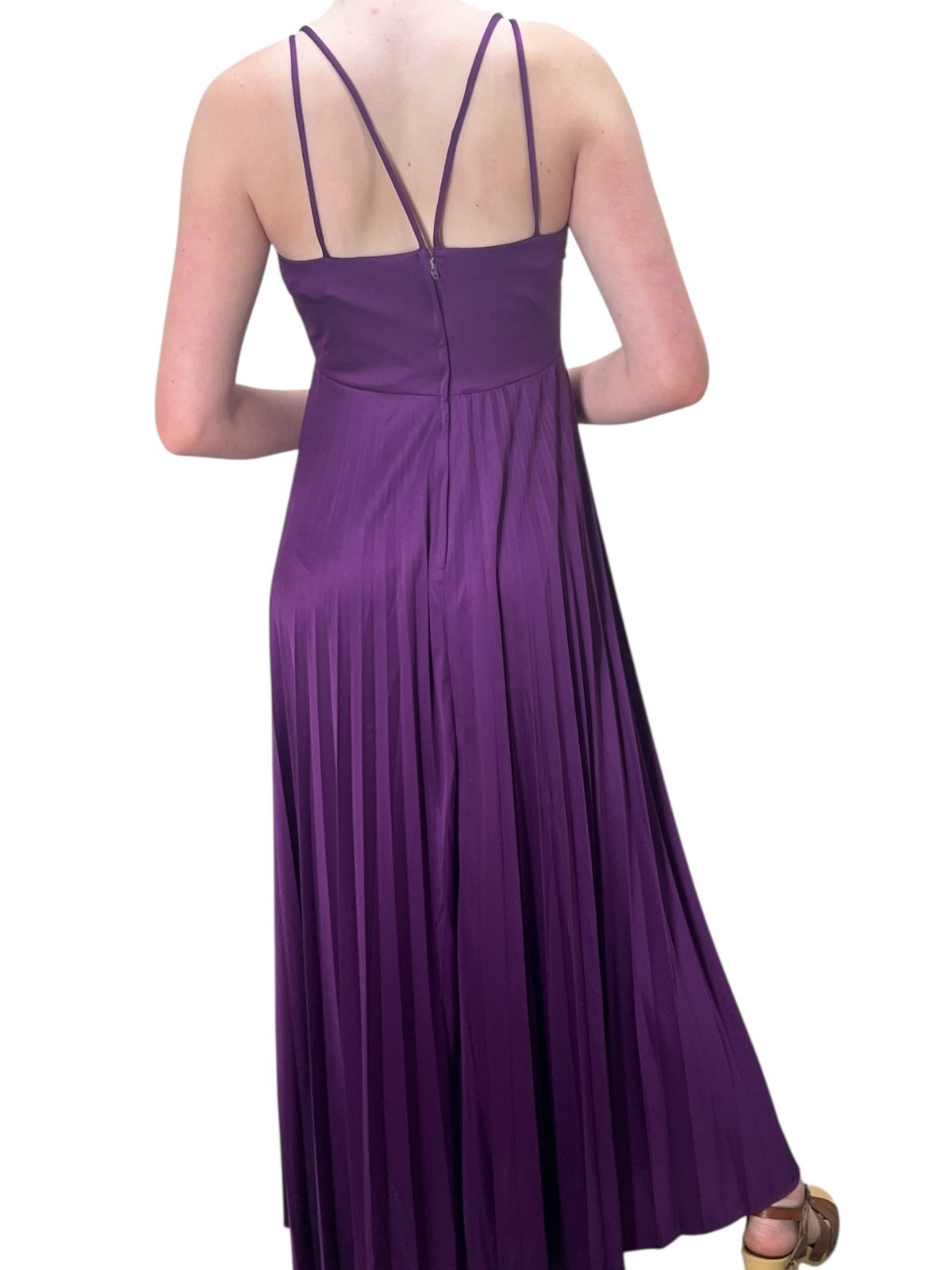Vtg 70s S Empire Maxi Dress PURPLE Knife Pleated Skirt Double Spaghetti Strap