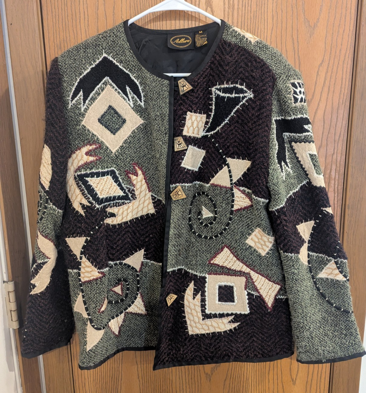 Allure Vintage Patchwork Geometric Artsy Button Down Blazer Cardigan Jacket-M