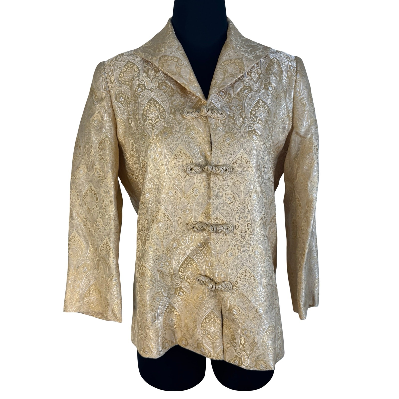 Vintage 80s 90s Champagne Gold Paisley Brocade Satin Frog Button Blazer Jacket
