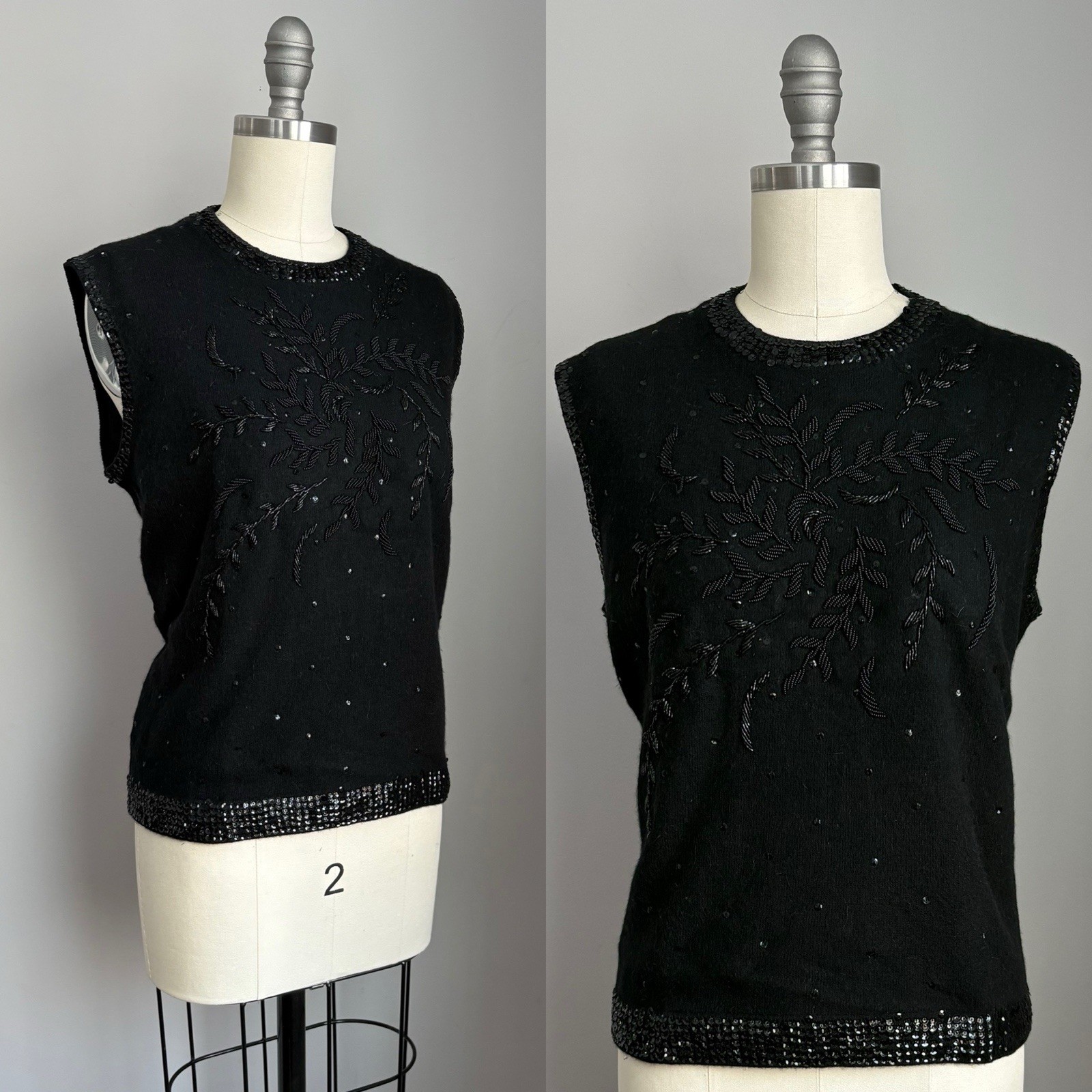 Vintage 60’s NOS Marchessa Int’l Black Beaded Sequin Tank Sweater w/ tag Medium
