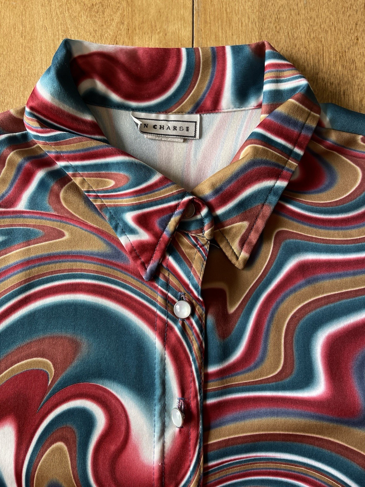 Vintage 90s In Charge Groovy Swirl Button Shirt Size Large Hippie Made In USA