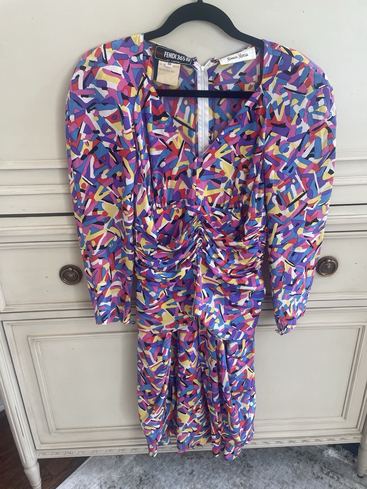 Vintage Fendi 365 Nieman Marcus Vibrant Print Silk Dress Size 46 WOW Colorful
