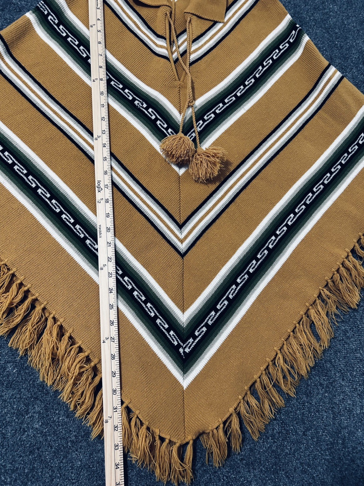 Vintage 70s Poncho Shawl w/ Fringe Hippie Boho one size Black w/ Stripes