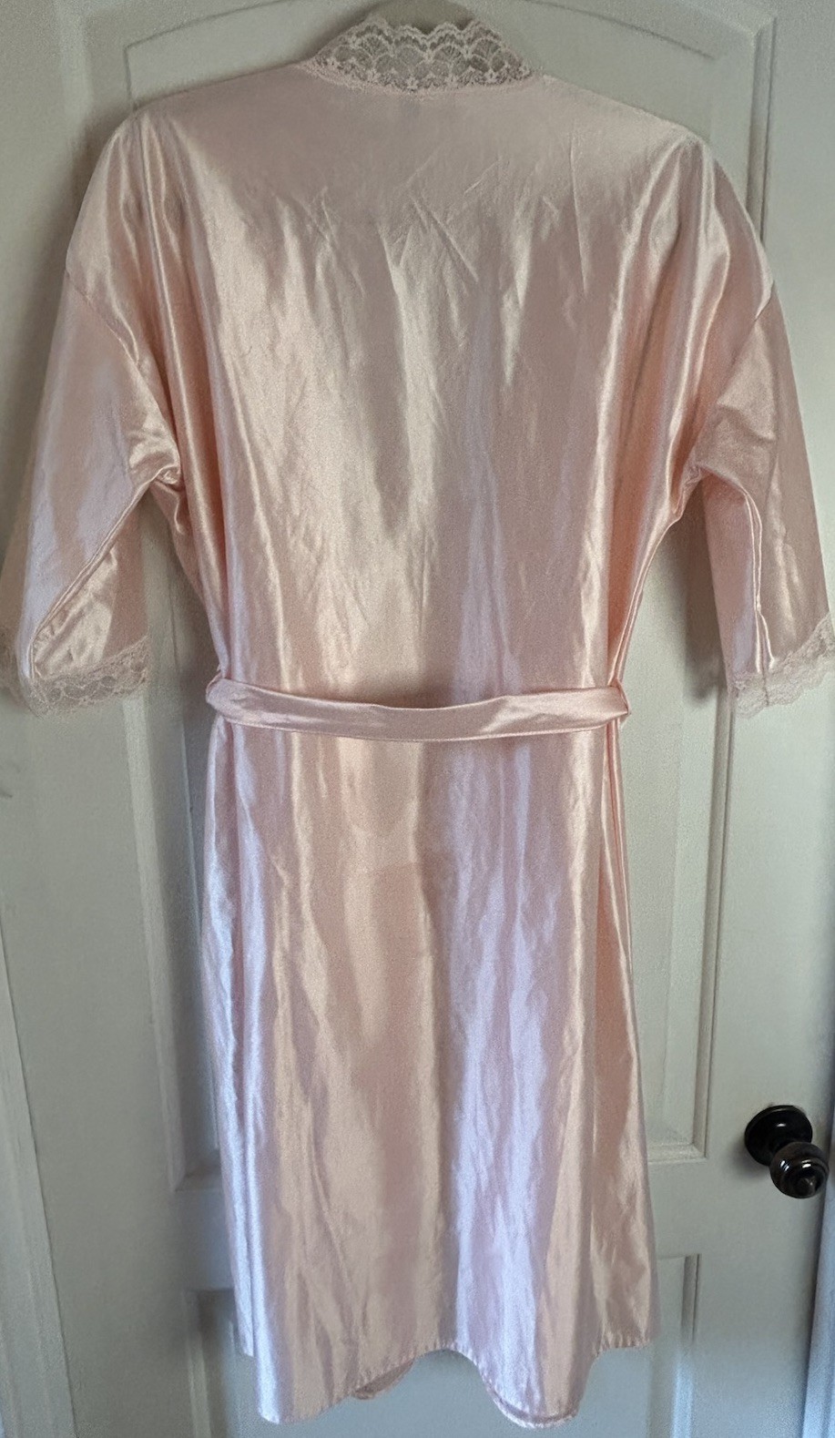Vintage Pink Lace Trim Short Robe Belted Dreamwear Lingerie Made In USA Size L