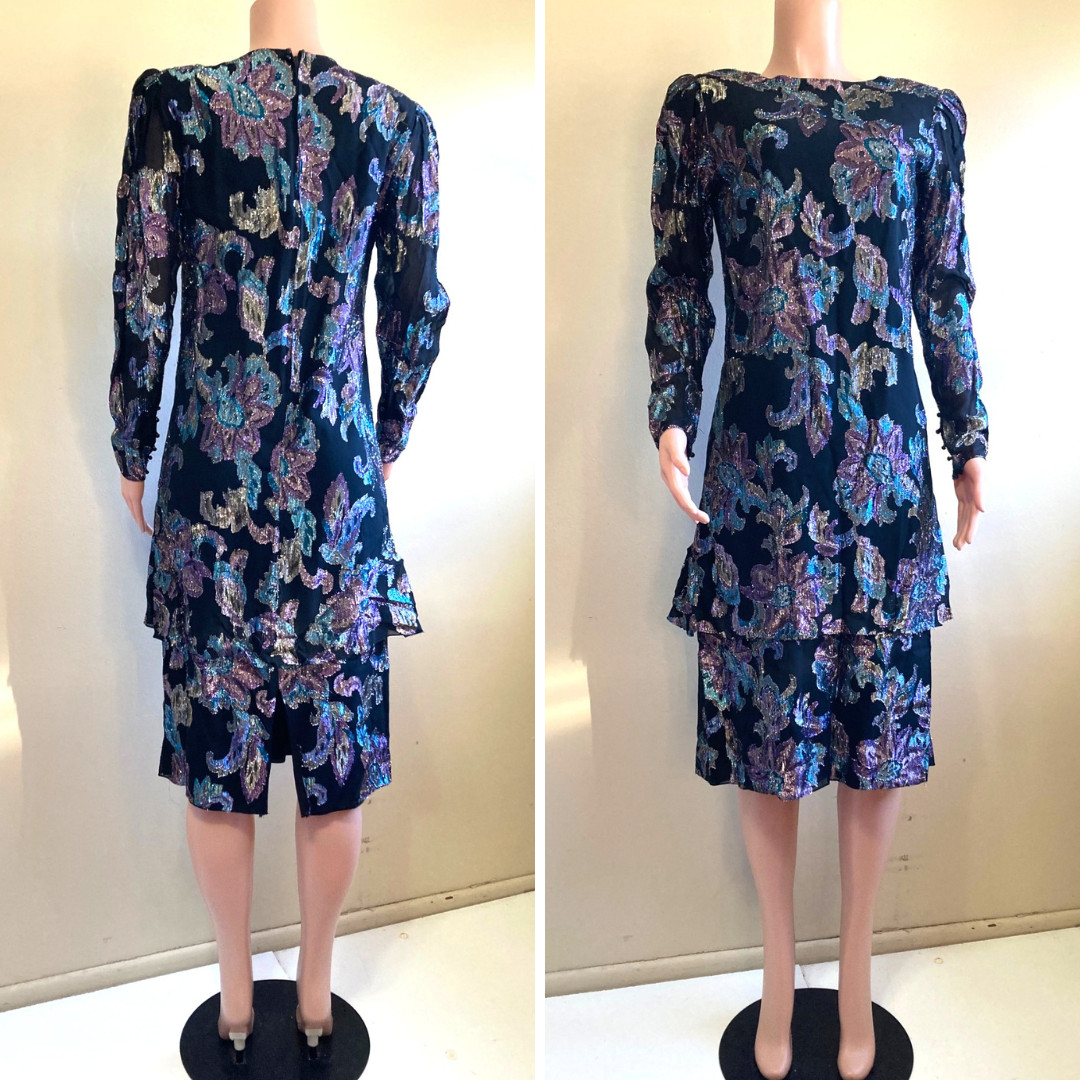 Vintage 80s Retro Flapper Midi Dress M Ursula Switzerland Iridescent Lurex Black