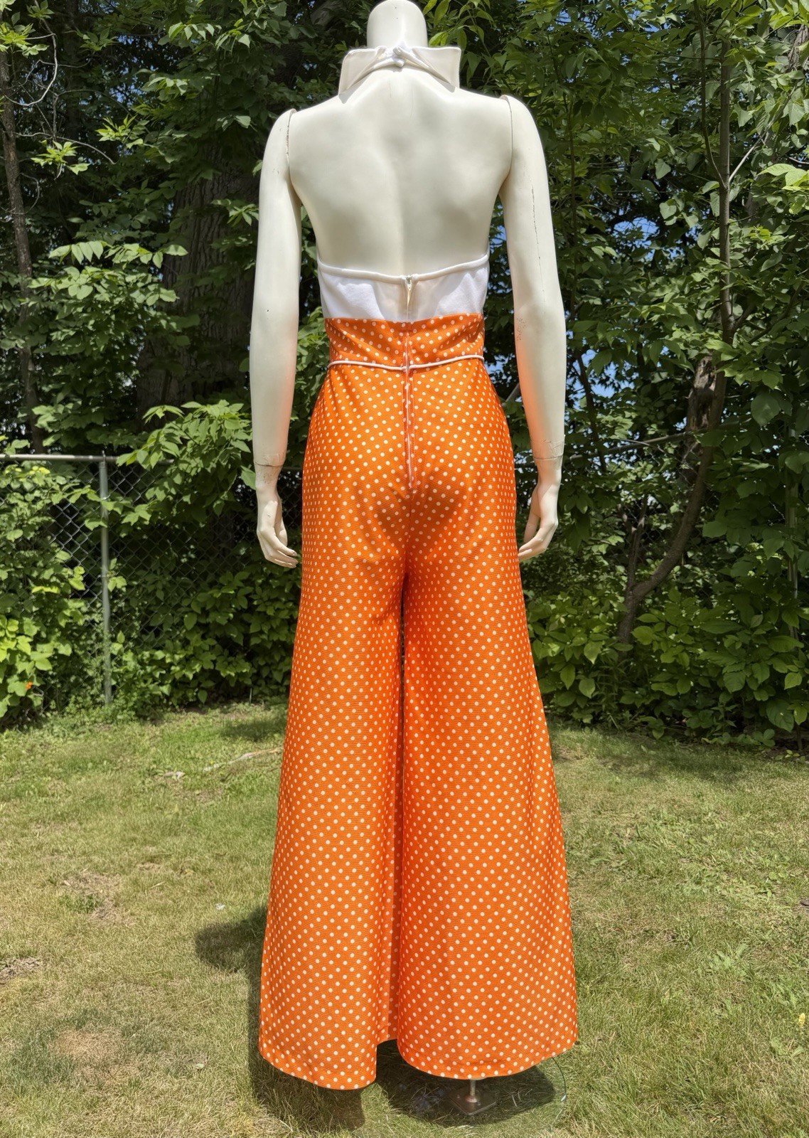 1960s 1970s BELL BOTTOM JUMPSUIT Vintage Romper Polka Dot Tuxedo Halter White
