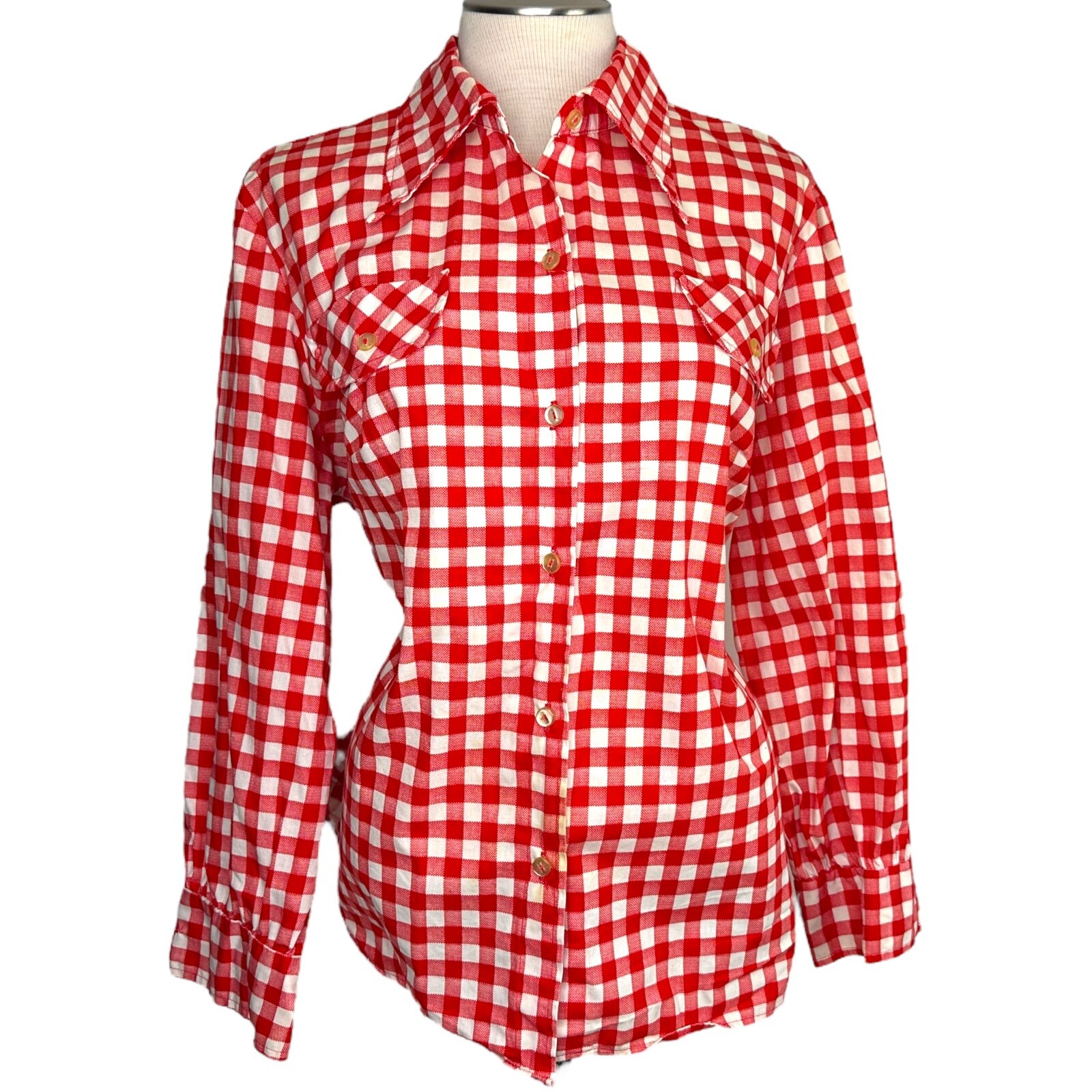 Vtg 70s JC Penney Fashions Picnic Table Plaid Check Shirt Blouse Long Sleeve 2XL