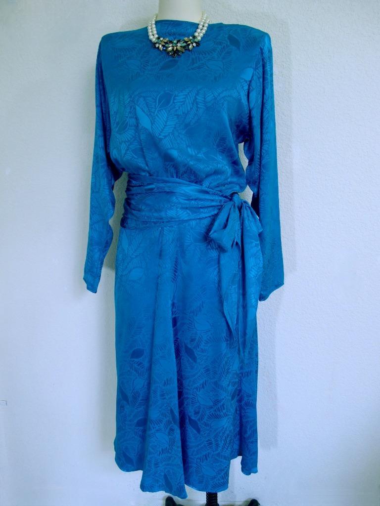 Vintage 80s Jerry Regenbogen Silk Dress 6 Sapphire Blue Sash Wrap Retro Glam