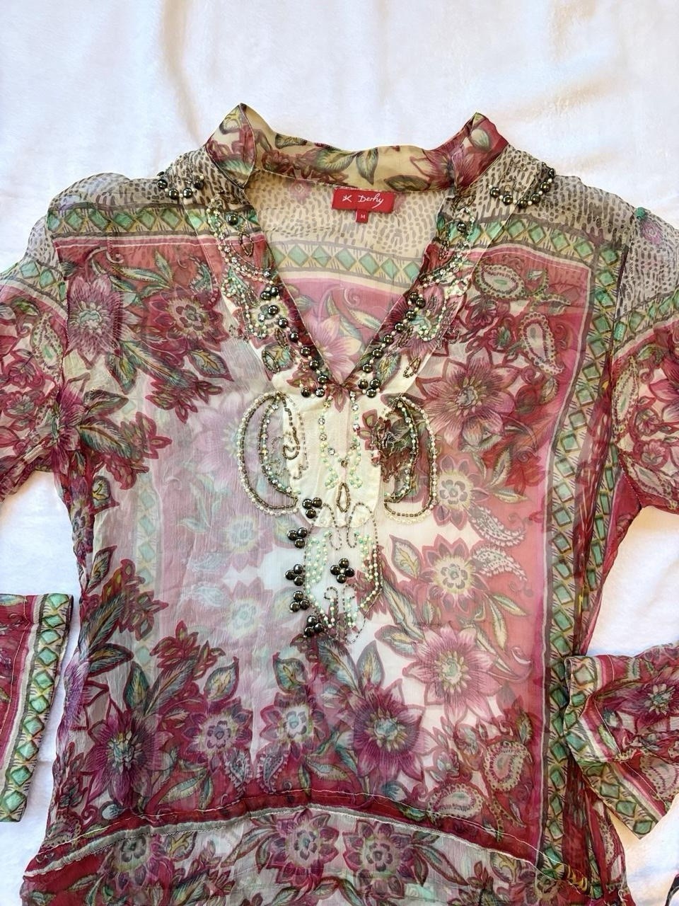 Y2K René Derhy Paris Beaded Sheer Mesh Floral Blouse Pink Fairycore Whimsigoth
