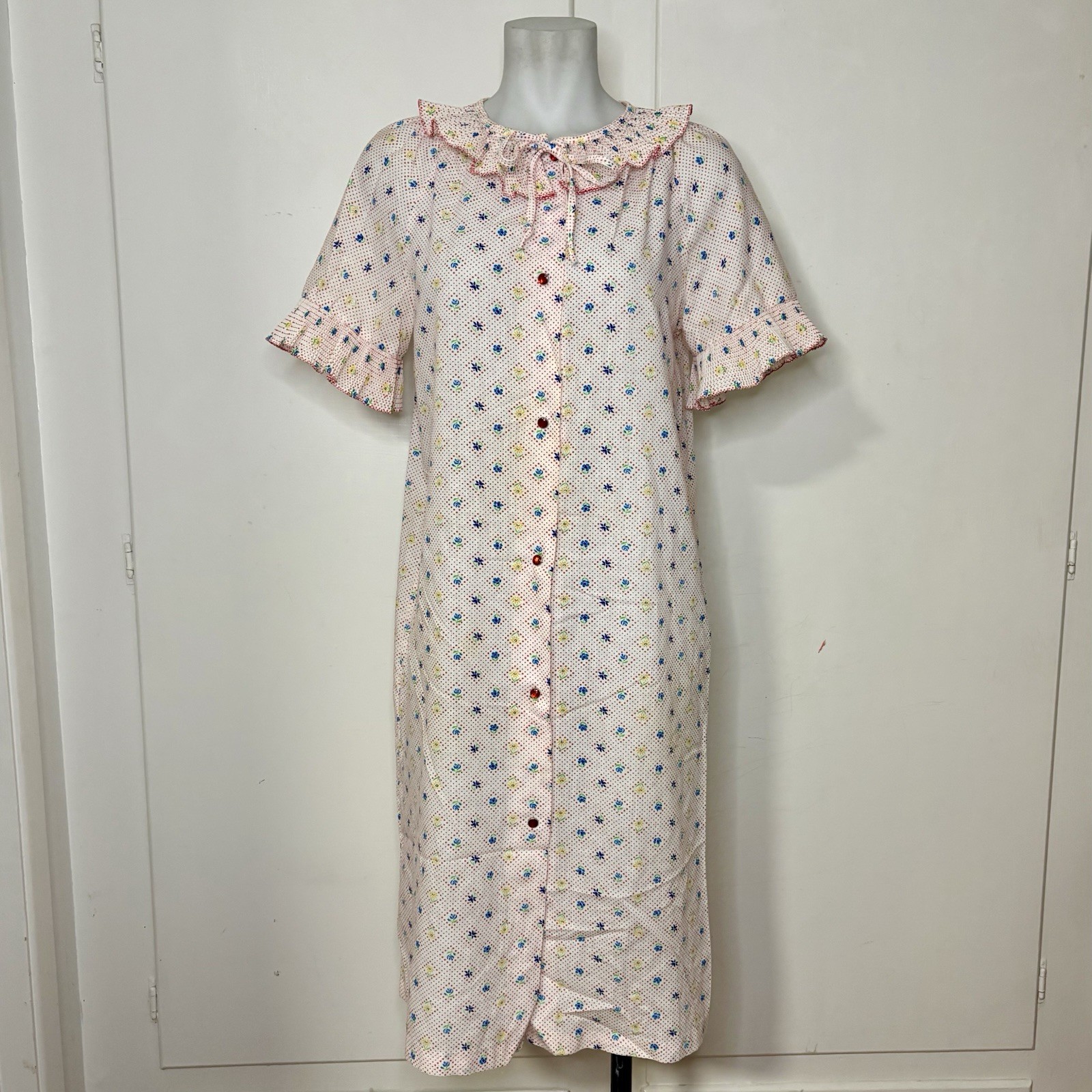 Vintage 80s Dan Ellen Primary Color Snap Up Ruffle Floral Polka Dot Robe