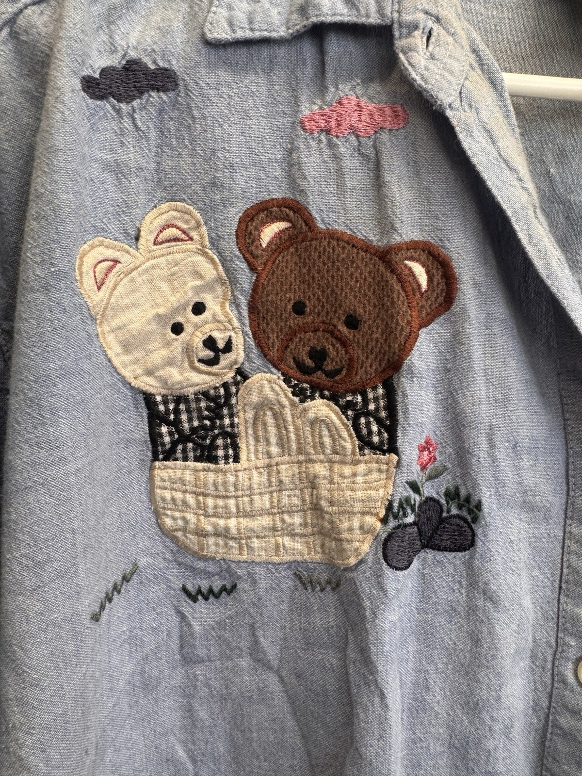 Vintage XXL Light Wash Denim Teddy Bear Cottage Core Button Down Womens Top ￼