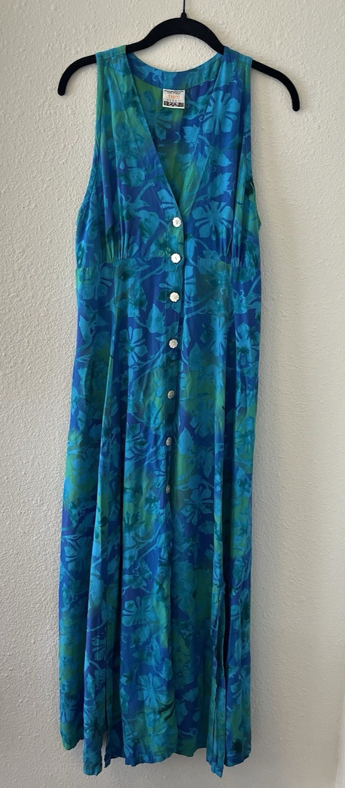 VTG Dare2Wear Taboo Hawaii Maxi Dress Blue Lace Up Back Buttons Hippie Boho 90’s