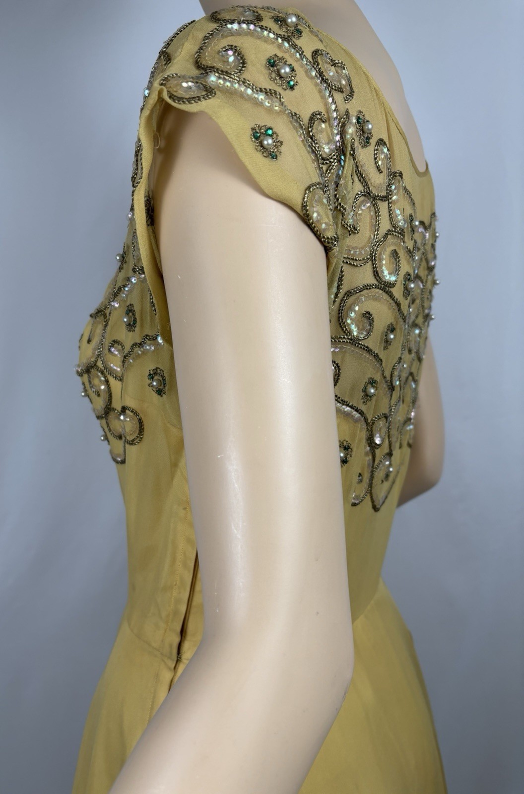 Vintage 40s Goldenrod Silk Chiffon Evening Gown Rhinestones, Sequins, Gold Cord