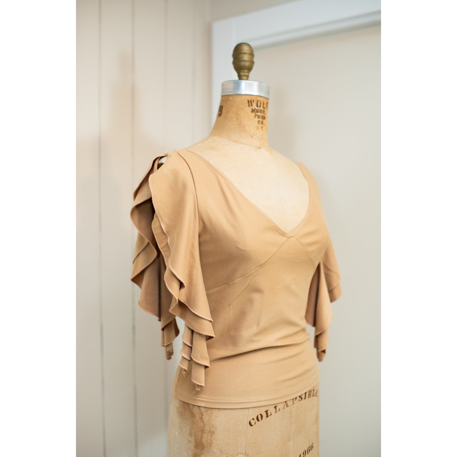 Vintage Y2K Tan Camel Brown Flutter Sleeve Top Fairycore Boho Festival Blouse LG
