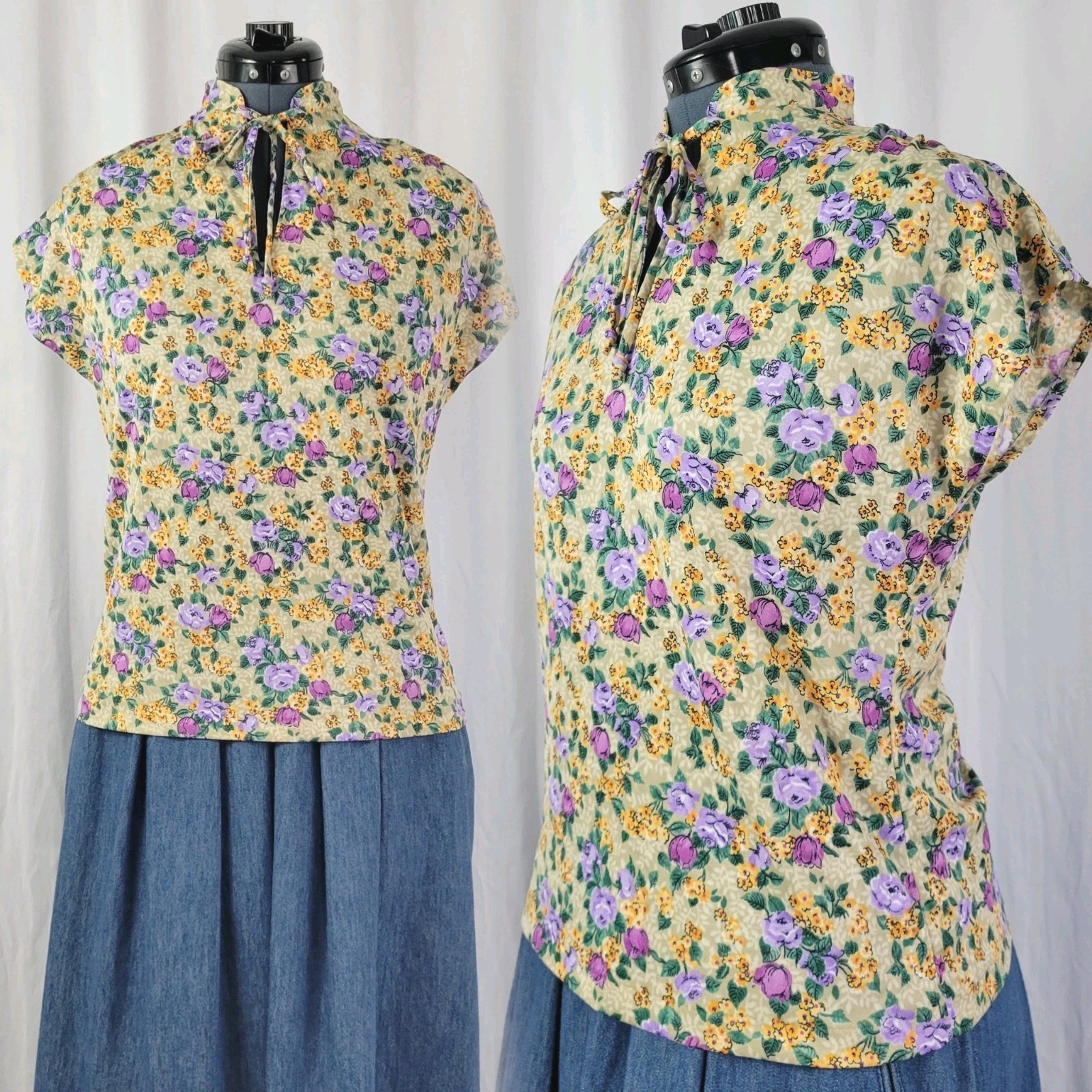 Vtg Rhoda Lee Beige Top w Purple/Green/Yellow Florals & Tie Neckline Size S?