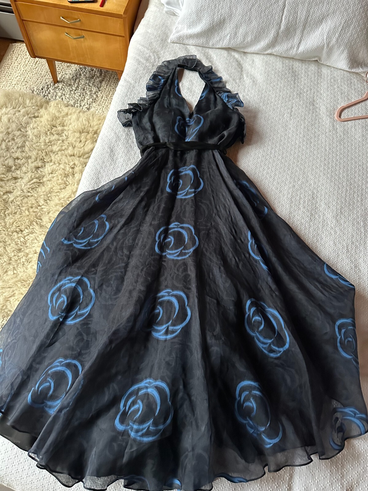 Vintage Richilene Ethereal Blue Silk Rose Empire Waist Gown From The 1960s/70s