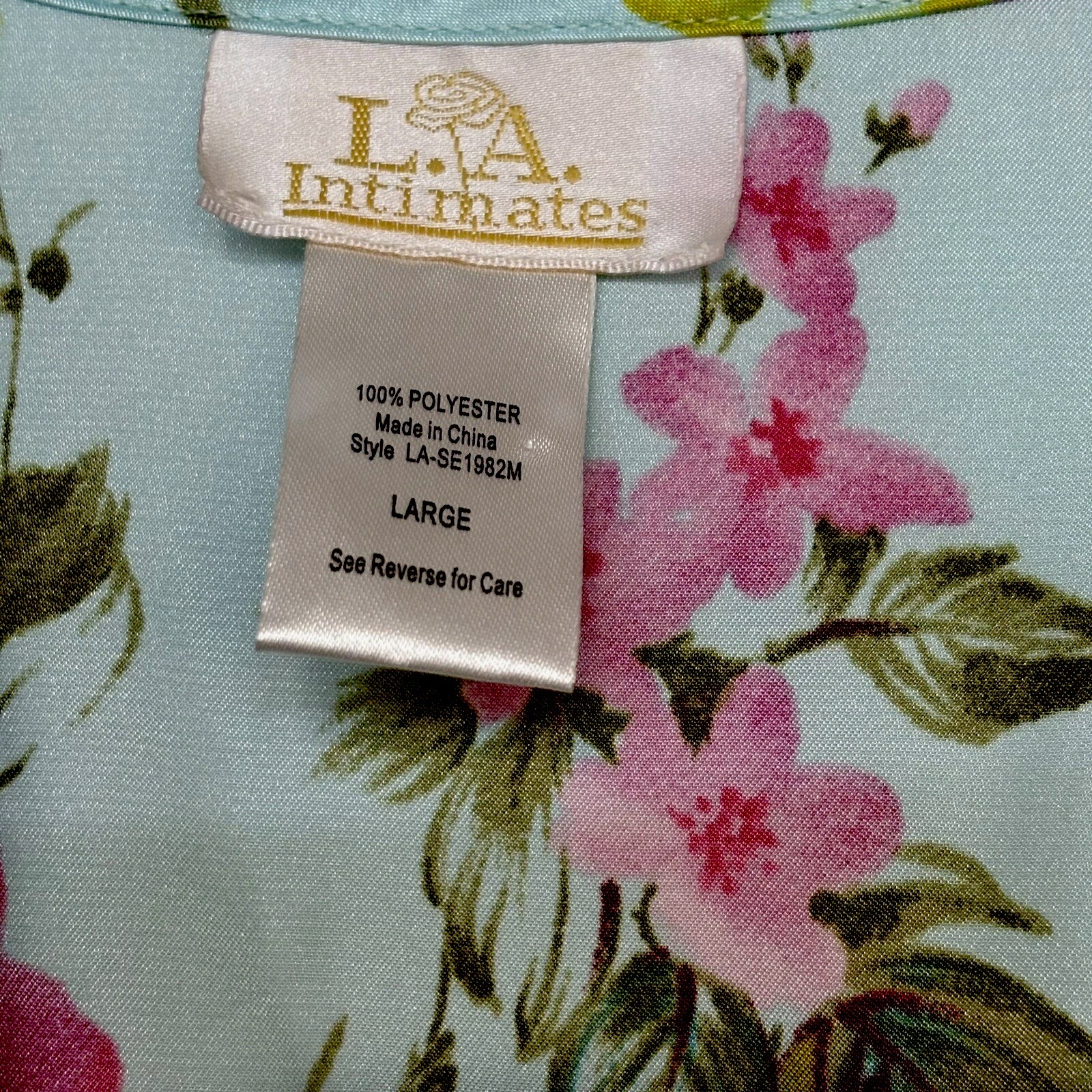 VTG LA Intimates Sz L Robe SS Kimono Wrap Blue Floral Romantic Garden Flowers