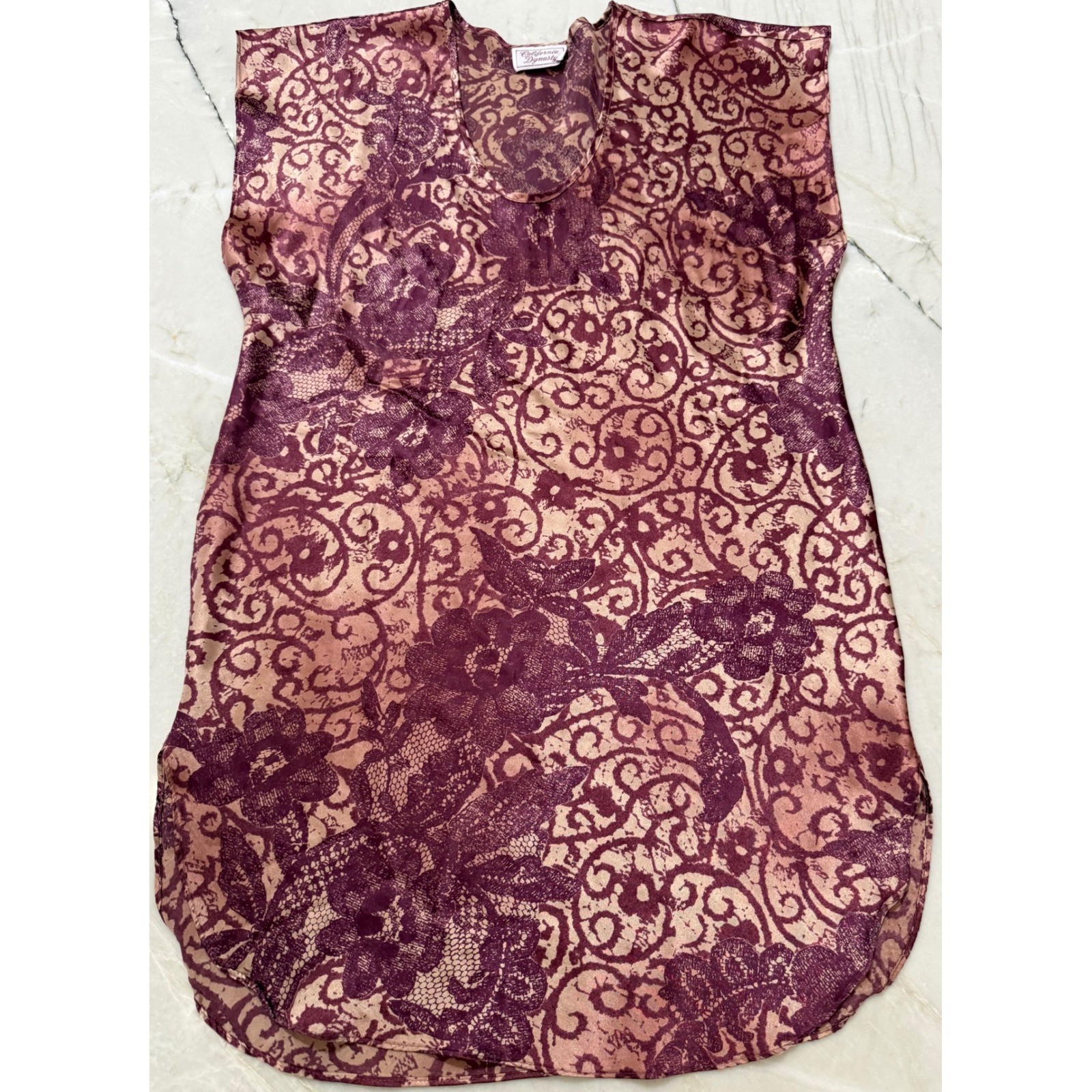 California Dynasty Vintage Mauve Floral Satin Nightgown V-Neck Chemise Sleepwear