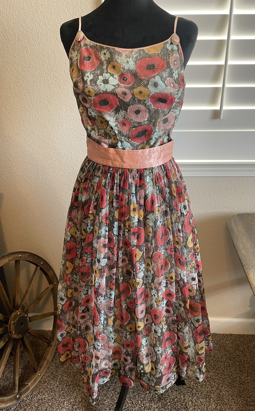 Vintage 50-60’s Jackie Morgan California A-line Dress Floral Midi Layers Read Sz