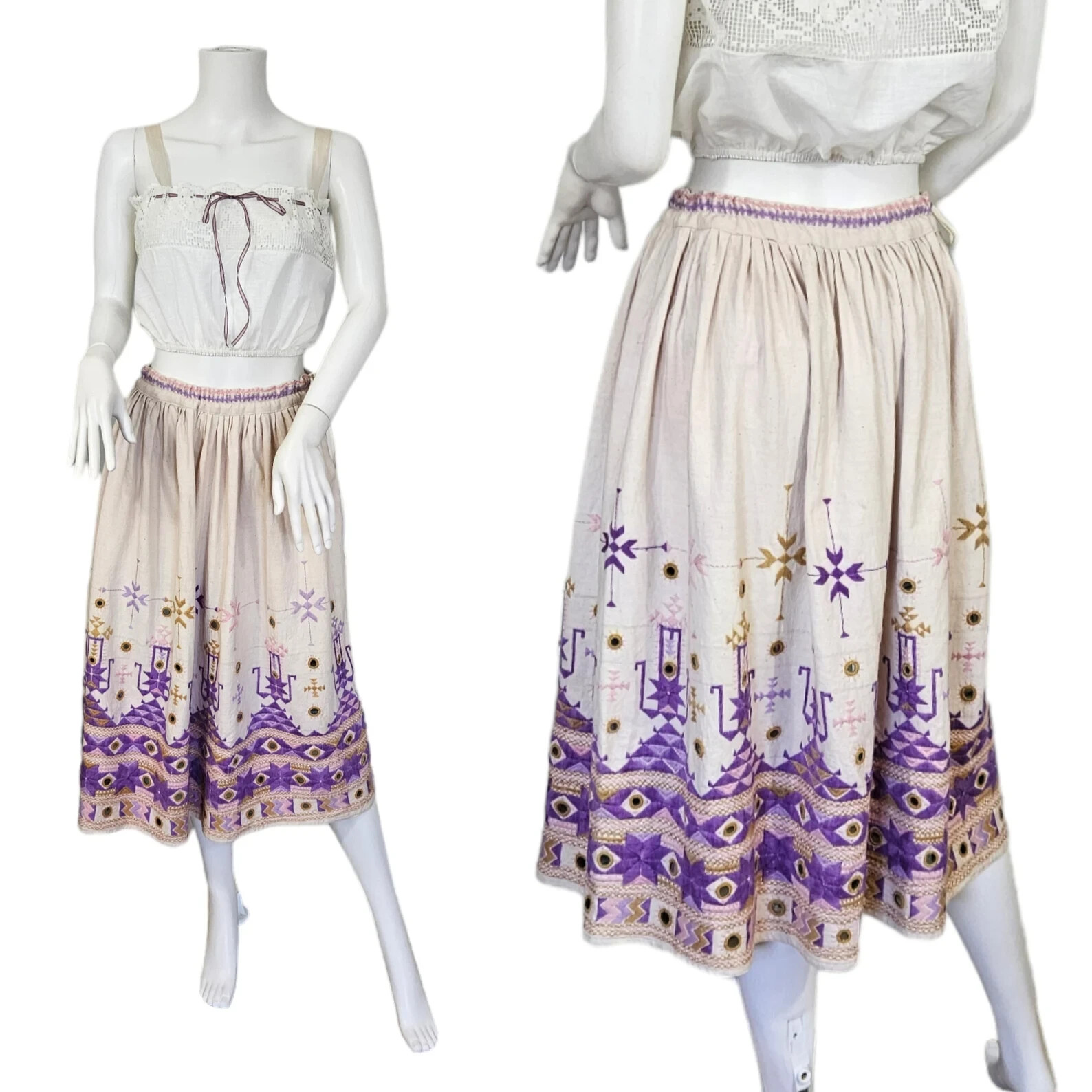 Vintage1970’s Taraliya Homespun Ivory Cotton Lavender Embroidered Mirrored Skirt