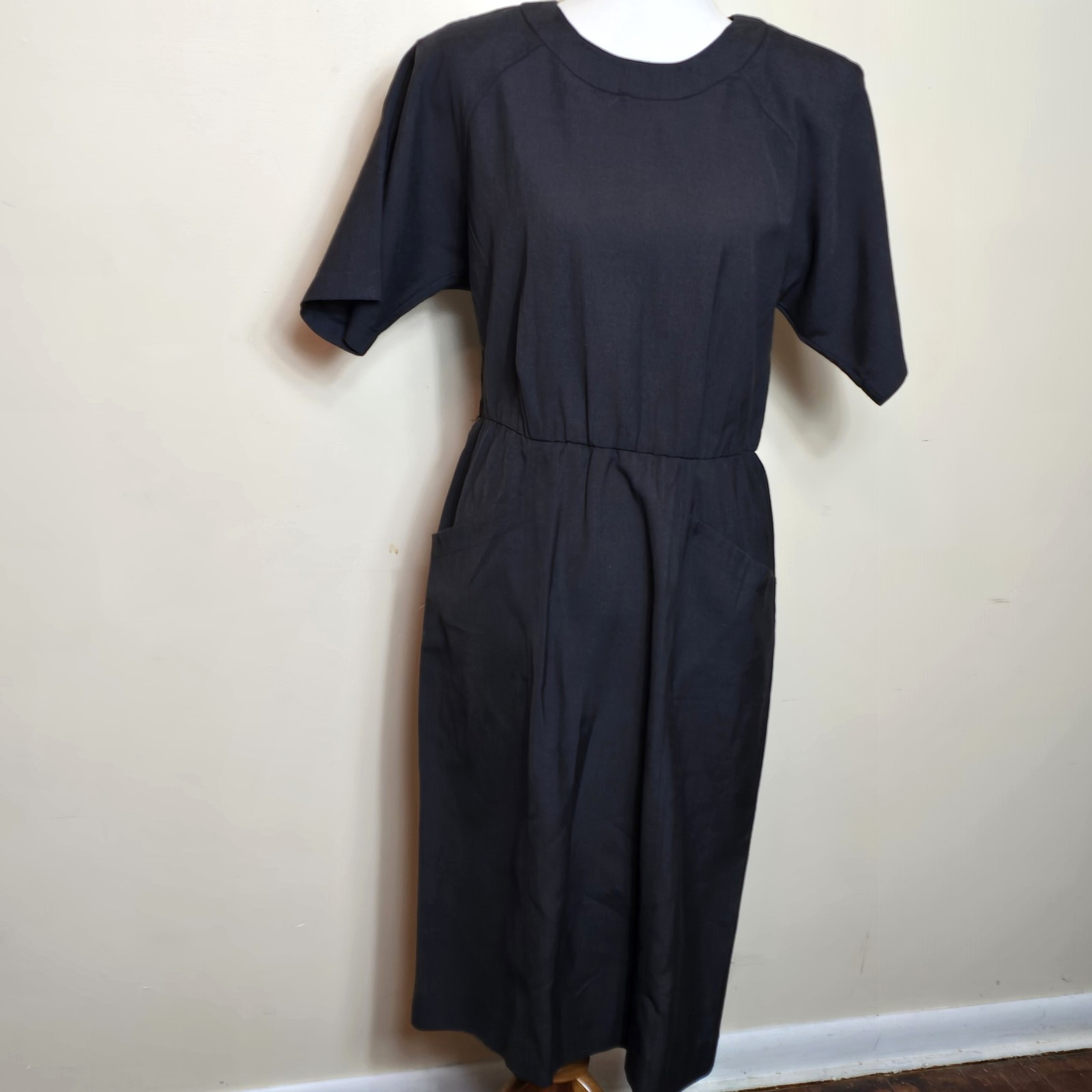 Vtg. Willi Of California Black Dress 16 Pockets Gathered Waist 80’s Corporate