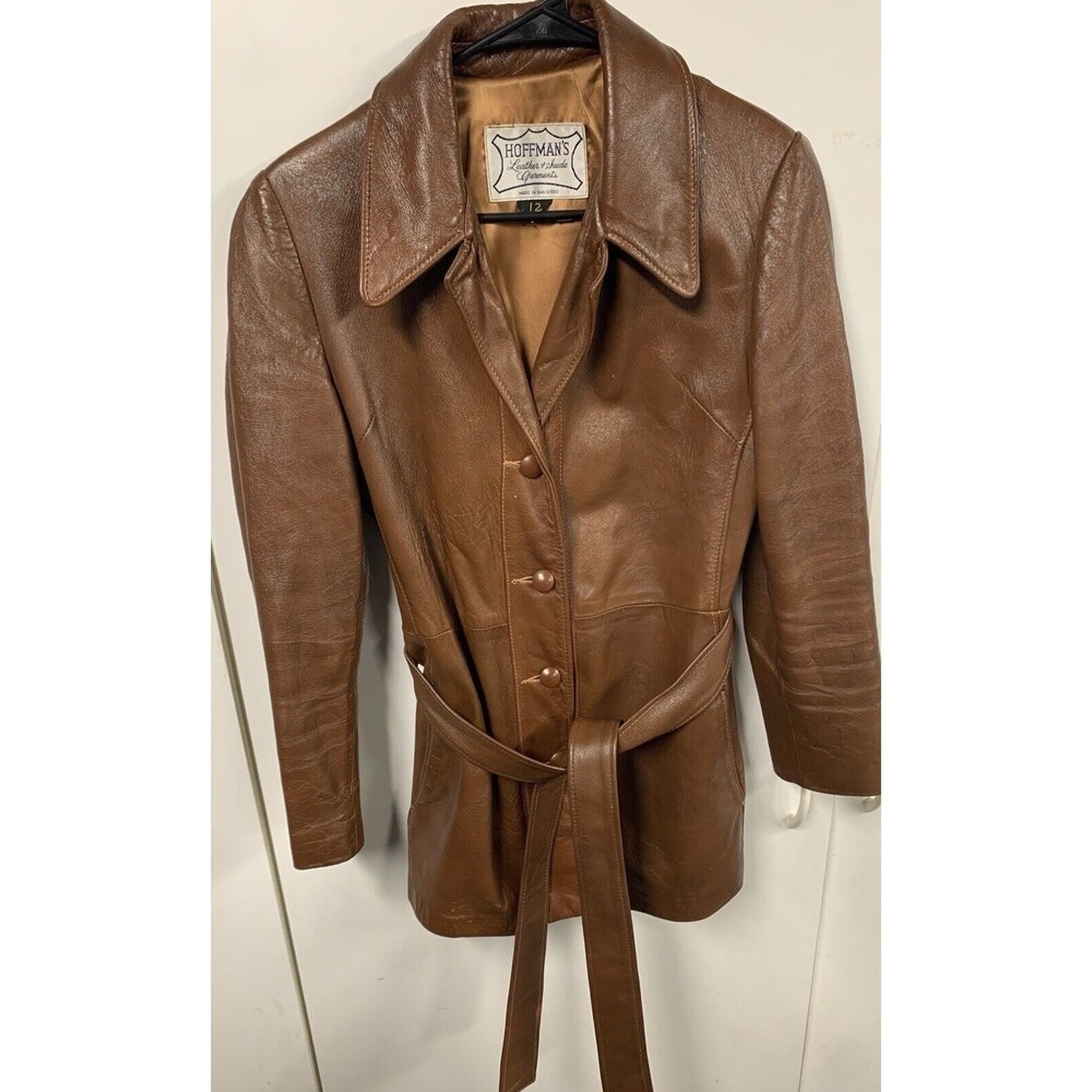 Hoffmans Vintage Brown Leather Satin Lined Womens Belted Jacket 70s Size 12