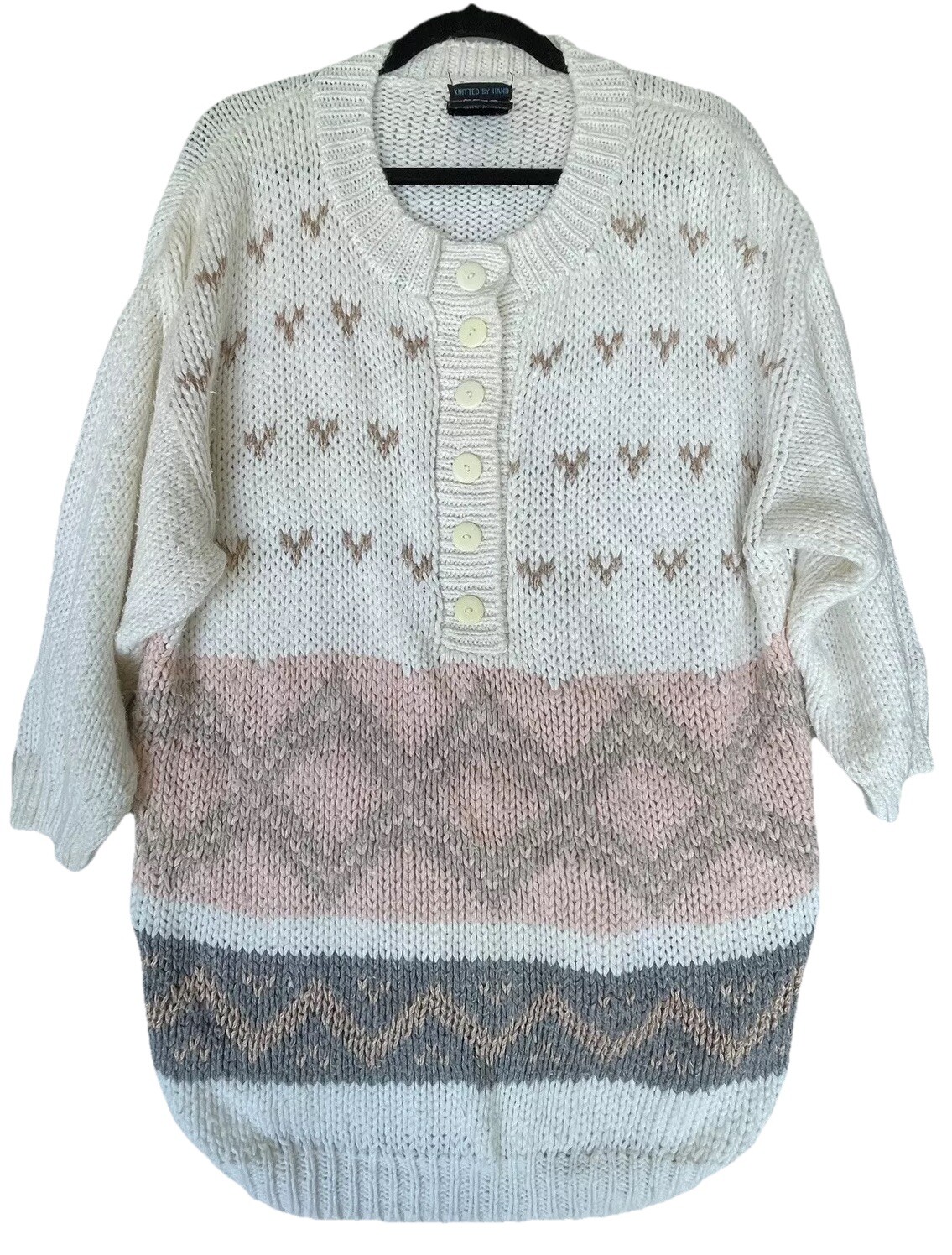 Vintage 80’s Yoido Club Sweater Womens Size Medium Cream Pink Hand Knitted Soft
