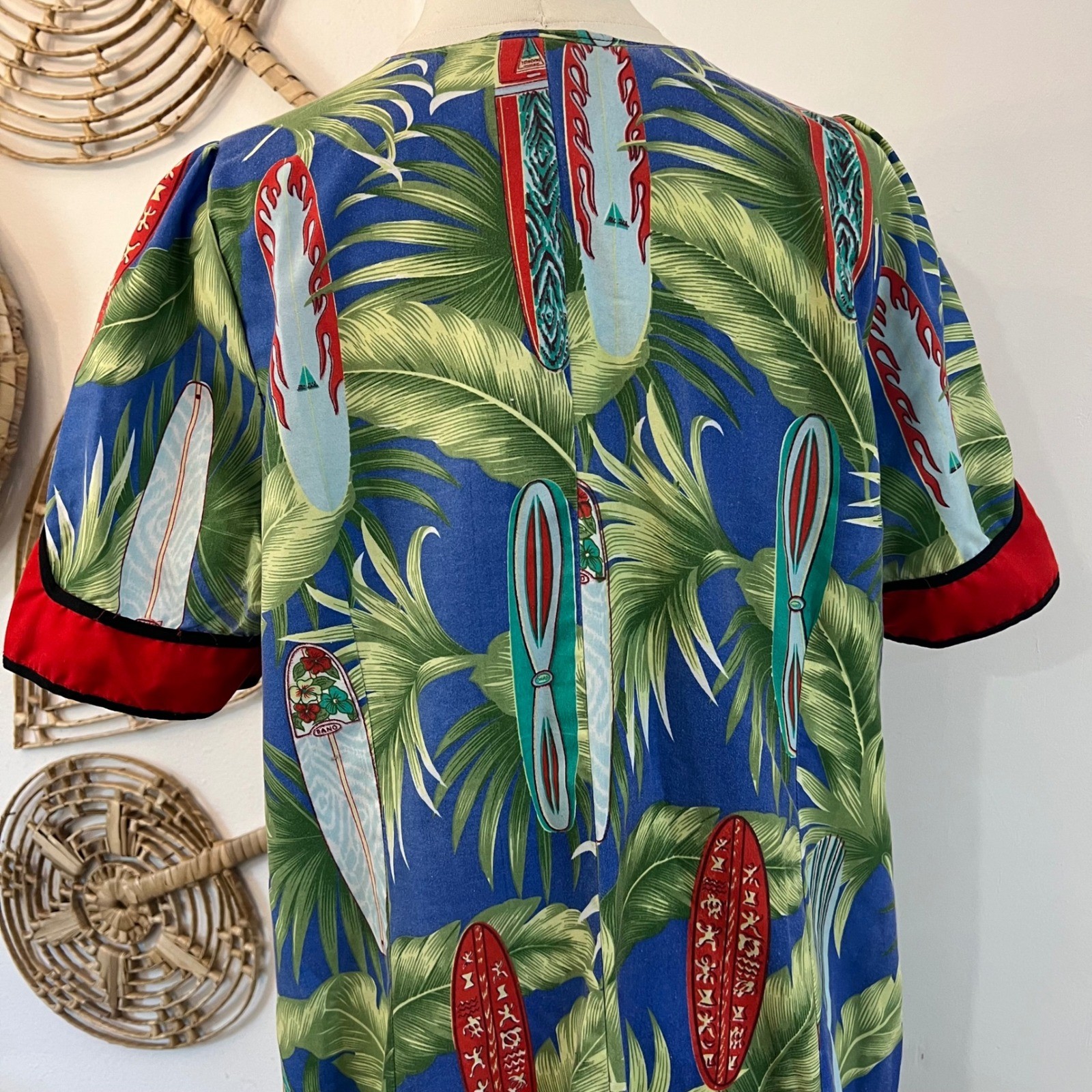 Vintage Blue Red Cotton Surfboard Palm Print Tropical Muu Muu Ruffle Dress Large