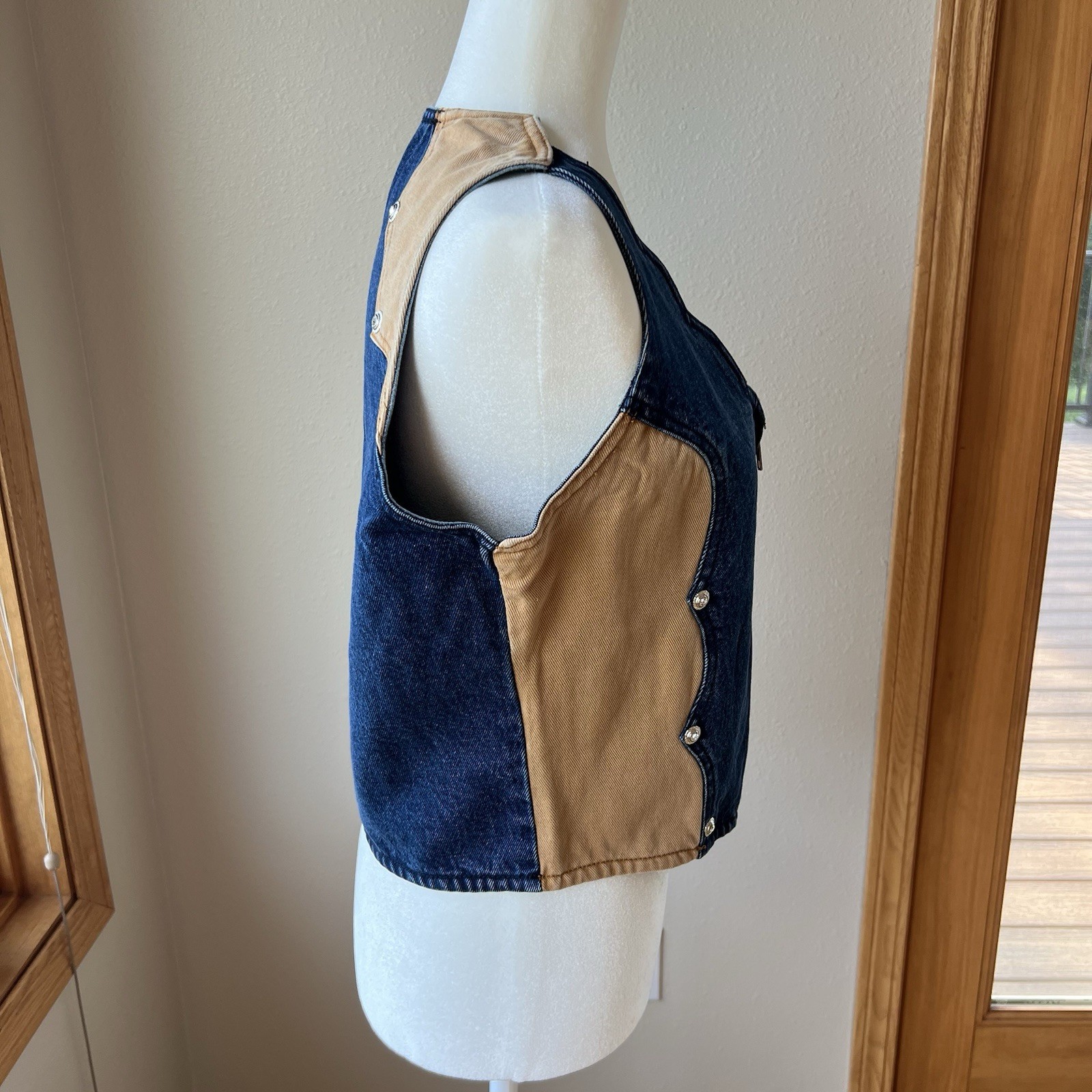 Vintage Western Ethics Bling Vest L Denim Tan 2 Tone 80s Scalloped Zip Cowgirl