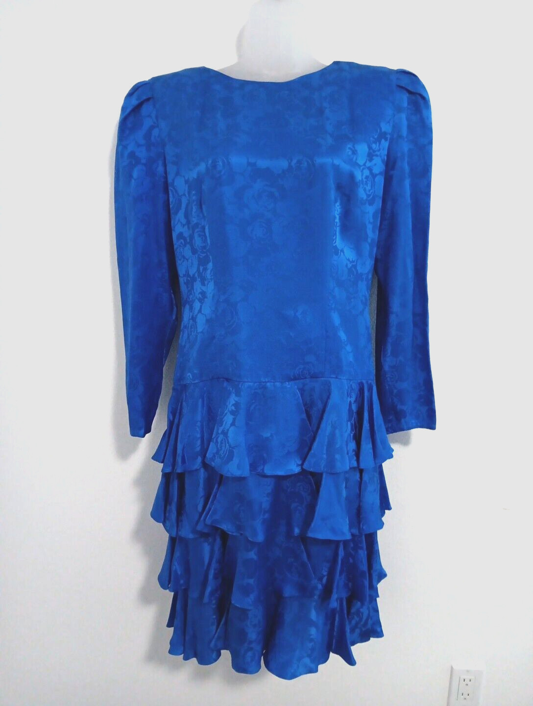 80’s Dress Size 10 Royal Blue 100% Silk Ruffles Modest Wedding Tea Party Granny
