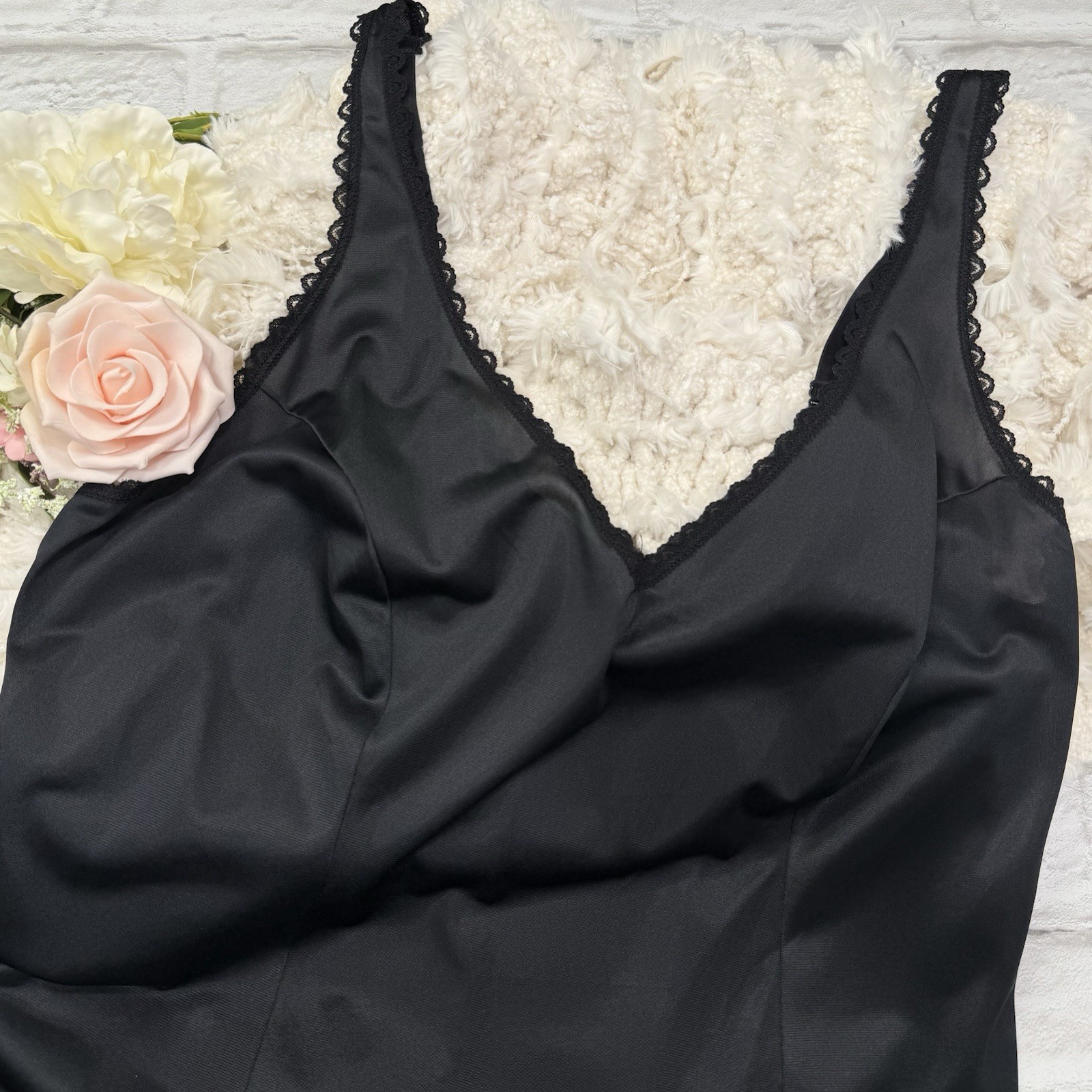 Vtg Montgomery Ward Nylon Black Wimsigoth Lace Cami Slip Top Lingerie 3X Boudoir