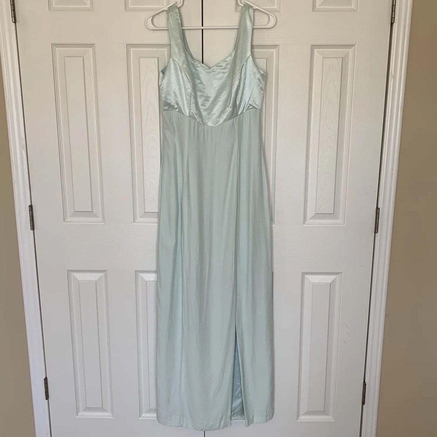 Vintage Dress ILGWU Medium Mint Green Full Length Sleeveless Gown With Slit