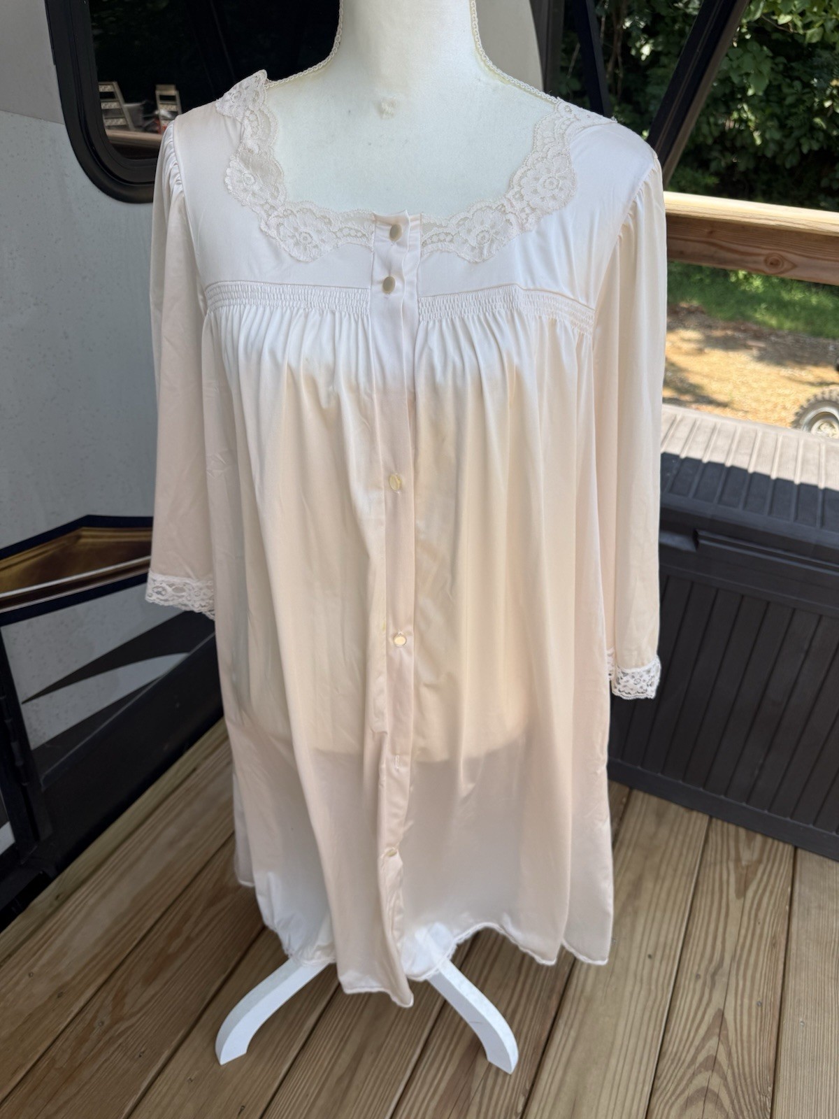 Vintage Vassarette Nightgown Large Peach Long Sleeve Lace Trim USA Sheer