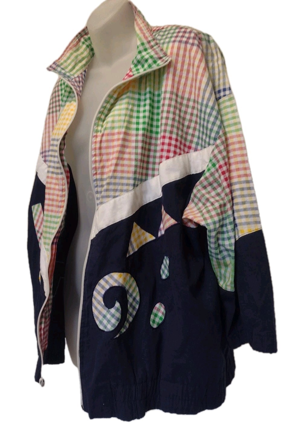 Vintage Adolfo Sport Colorblock Jacket XL Geometric Gingham Zip Memphis 80s