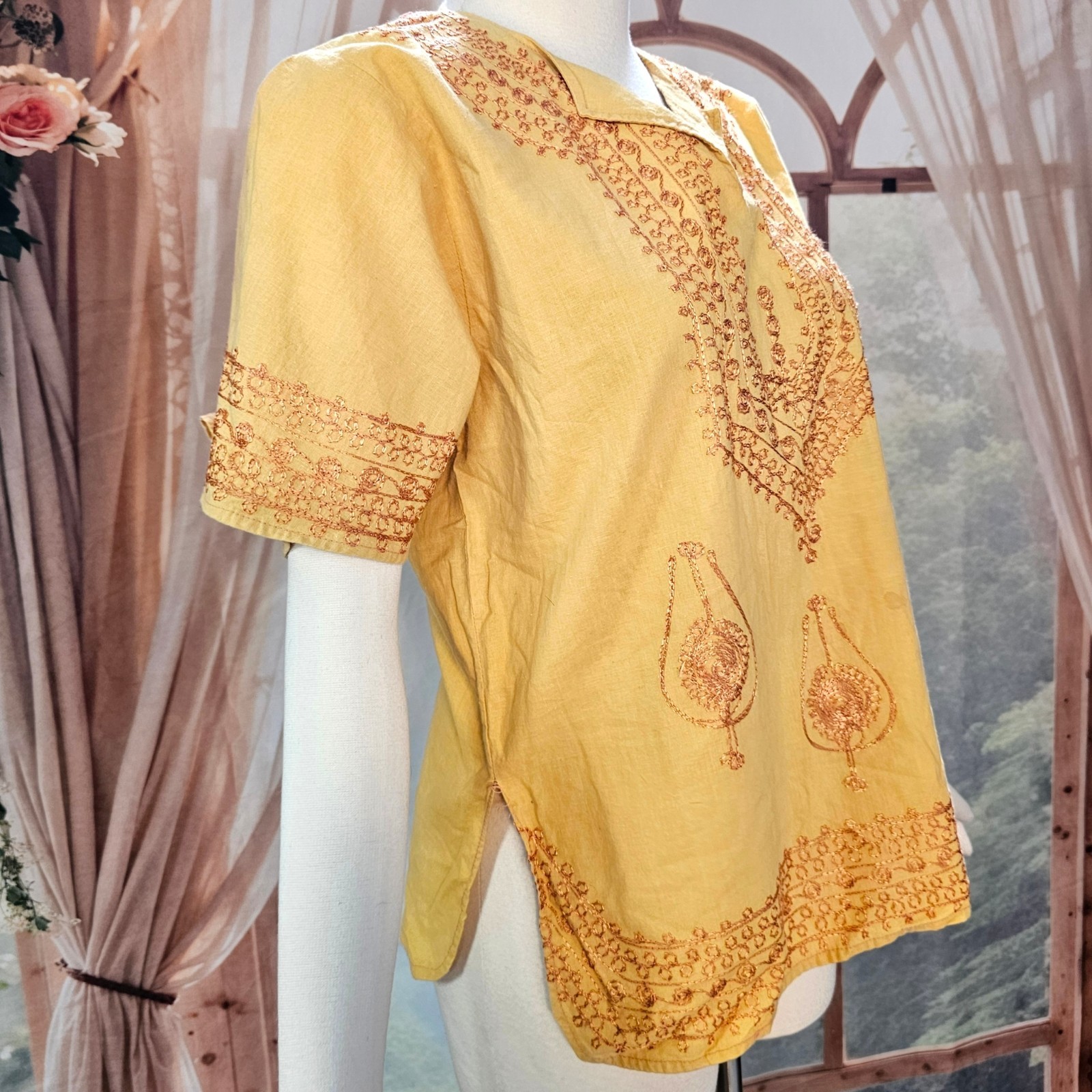 Vintage 1970s Blouse Top Shirt Mustard Yellow Embroidered India Short Sleeve
