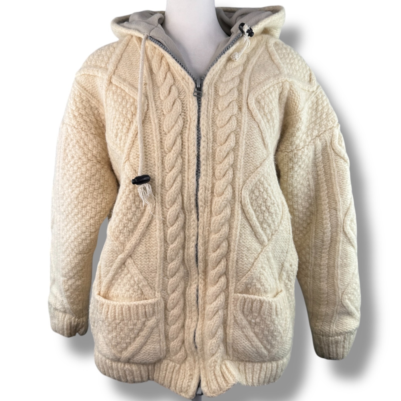 Vintage Woolies Ivory 100% Wool Coat M Chunky Knit Cottage Core Retro Fisherman