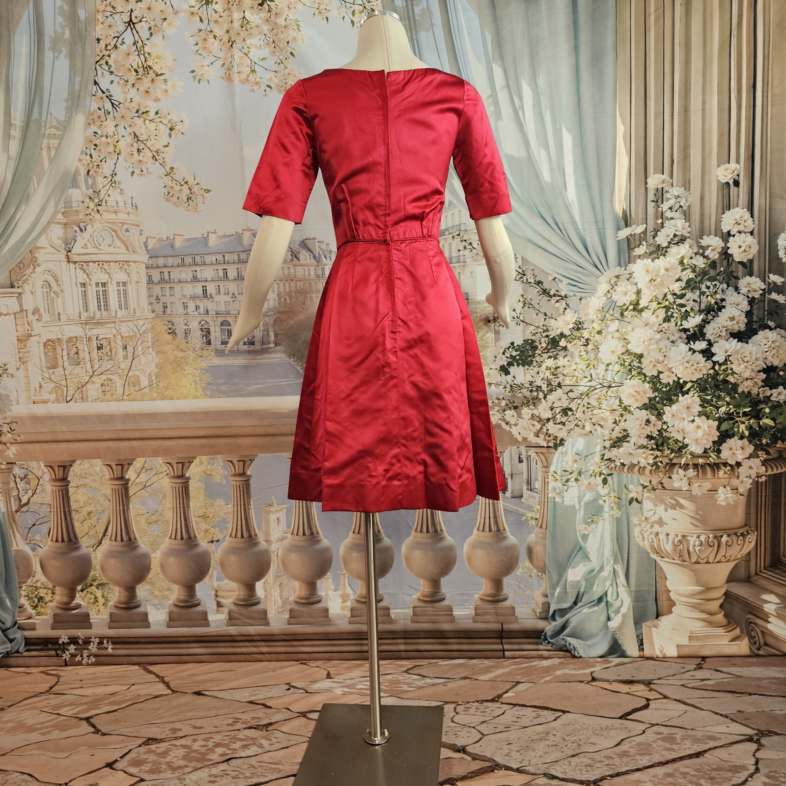 Vintage 1950s Dress Cherry Red Liquid Satin Half Sleeve Pinup Rockabilly