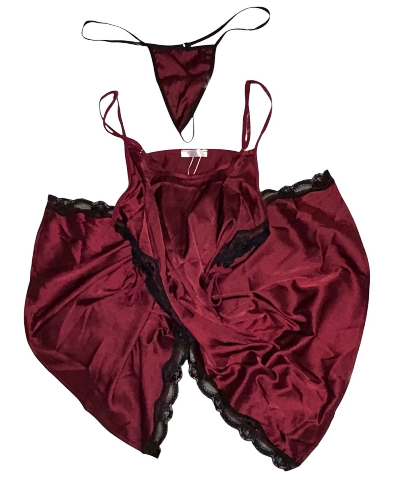 2PC Avidlove Maroon Shiny Satin Black Lace Trim Nightie & Panties NWT XL